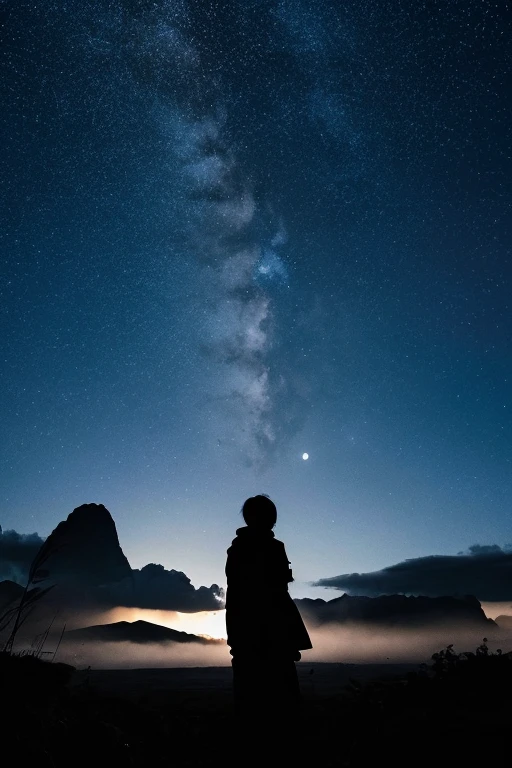 highest quality,Big moon and shadow,A silhouette of a person can be seen against the backdrop of a large moon.,There is one full moon,There is a mood,Beautiful scenery,Starry Sky