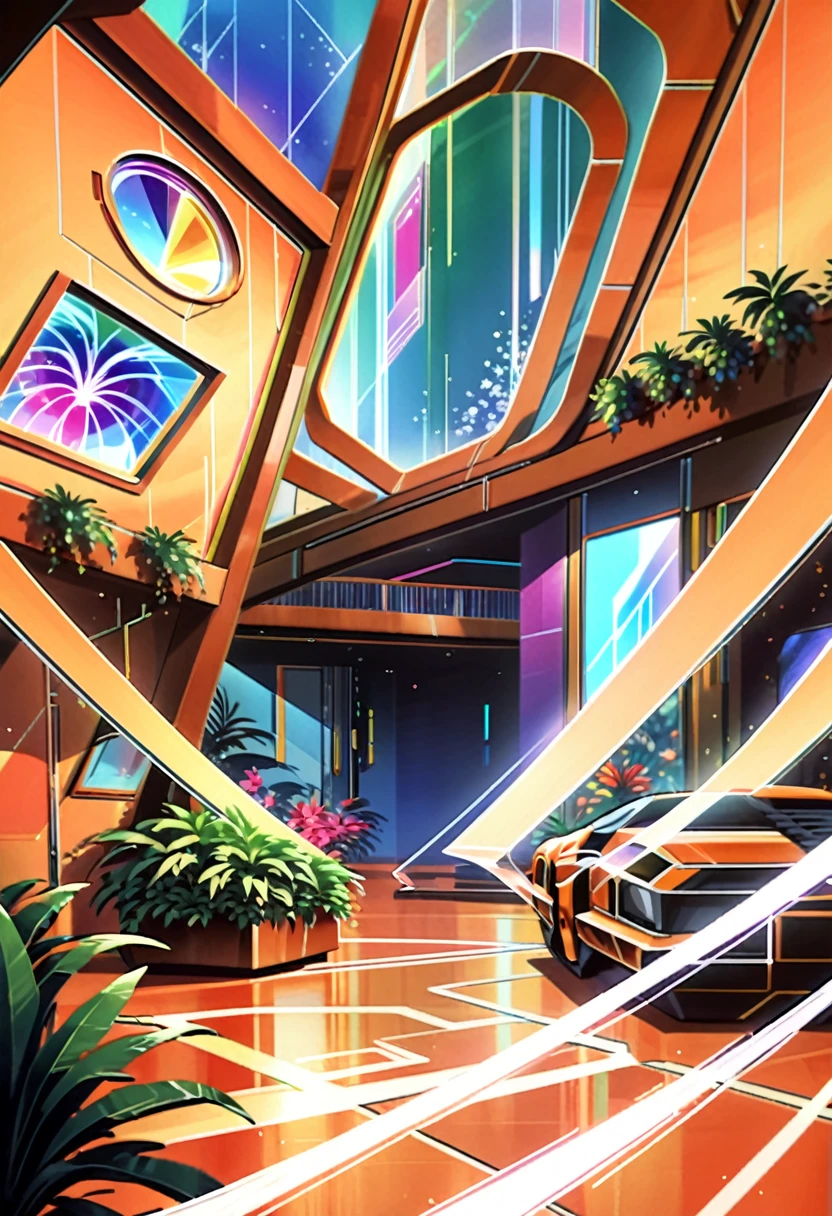 inside of beautiful well designed very appealing attractive Cybertronian bot family private home/habitation/residence detailed kinda art deco futurist cyberlike with touches/hints of greenery cybertronian exotic natve growths greenery Cybertron art/ historical pieces private residential quarters spaces rooms with views onto gardens/native green areas Huge round and bay windows.Subtle hint of plants natural growth inside bright colors designs-metallic colors geometric patterns shapes and designs with oval or big round windows bay windows metallic elements touches of chrome copper bronze steel gold thruout a cyber futurist kinda art deco cybertronian look and feel"Bright and shiny colors metallic colors and tones jewel tones. screens with holographic projections lowing lines or symbols reminiscent of Cybertronian writing. They could serve as both decoration and functional indicators.Habitations homes suffused with brilliant Cybertronian light very detailed exotoc kinda otherworldly futurist also with hover vehicles landing bays attached With skylights cyberonian located thruout residence habitation having a epic impressive cyberlike kinda futurist look and feel. Cybertronian inside futurist style fountains with Cybertronian style art pieces varied bright colors and tones thruout incredibly detailed 4k piece an images high rez looks HD with restrained subtle light hand hints/ touches neon and fluorescent colors inside with cybertronian somewhat cyberlike comfortablefuturist very Cybetronian furniture pieces with art -nice well sized like common area rooms gathering spots. use of Cybertronian like tiles-marblelike surfaces discreetly placed arrangengement of exotic Cybertronian like style flowers / native exotic growth/ greenery flower arrangements almost japanese style with JewelMetallic colorsstyle Cybetronian glass like windows very Cybetron cyberlike modernist/art deco funiture pieces and Cybertron art/Masterpiecewith attractive Cybertron female bots in all images

