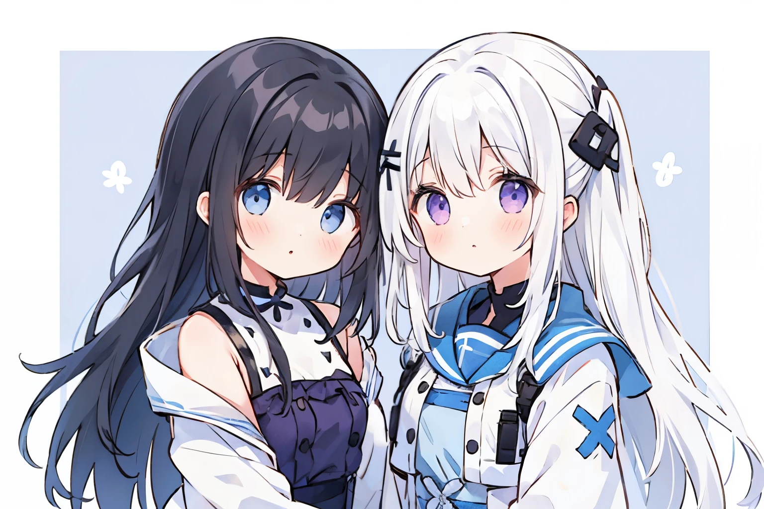 2 girls, 2 people, 2; black hair, purple clothes; White hair, blue clothes
