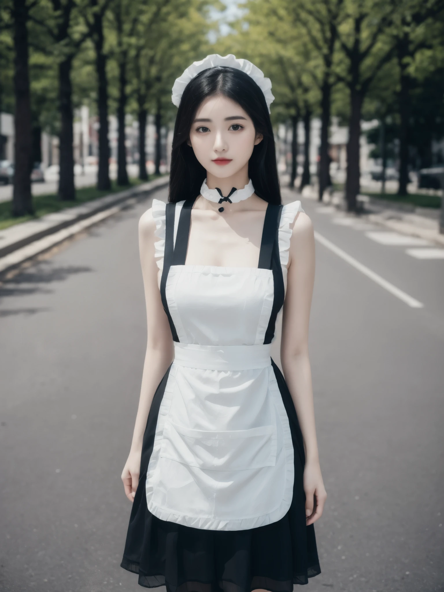 (best quality),[masterpiece],((beautiful:0.75) cute girl:0.75),(EOS R8,50mm,F1.2,8K,RAW photo:1.2),Professional,ultra-fine painting,long hair,standing,outdoors,street,(front:1.3),
 maid,dress,maid headdress,apron,