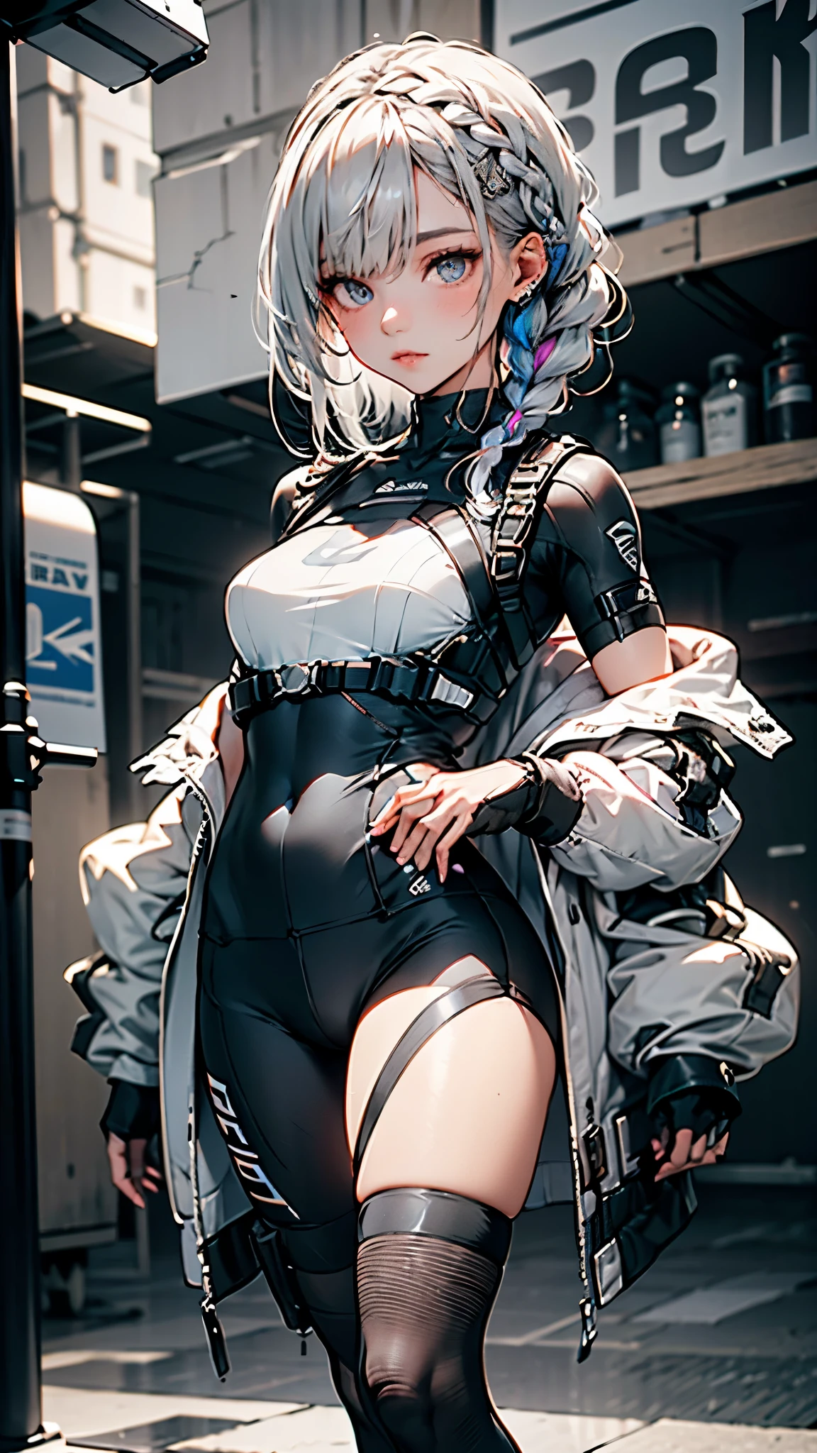 Realistic,masterpiece,best quality,cinematic lighting,natural shadow,highest detail,professional photography,detailed background,depth of field,insane details,intricate,aesthetic,detailed face,subsurface scattering,realistic hair,realistic eyes,
r1ge,1girl,muscular,photo of a girl,20yo,full body,french braid hair,crew cut,looking at viewer,Cyberbike,CyberAircraft,SPMAV,
techwear,
Neonpunkai,