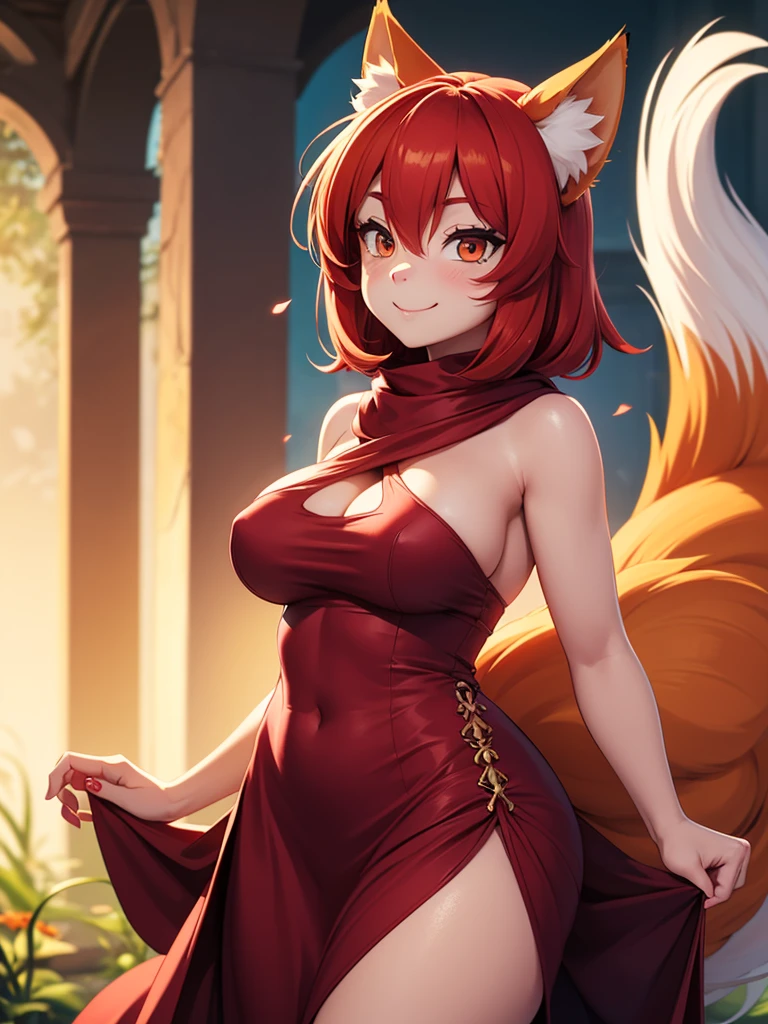 score_9,score_8_up,score_7_up, (fox monster girl), furry_skin, fox_ears, fox_tail, red hair, serene smile, big breasts, silk dress, crossed_dress, front view, blowing