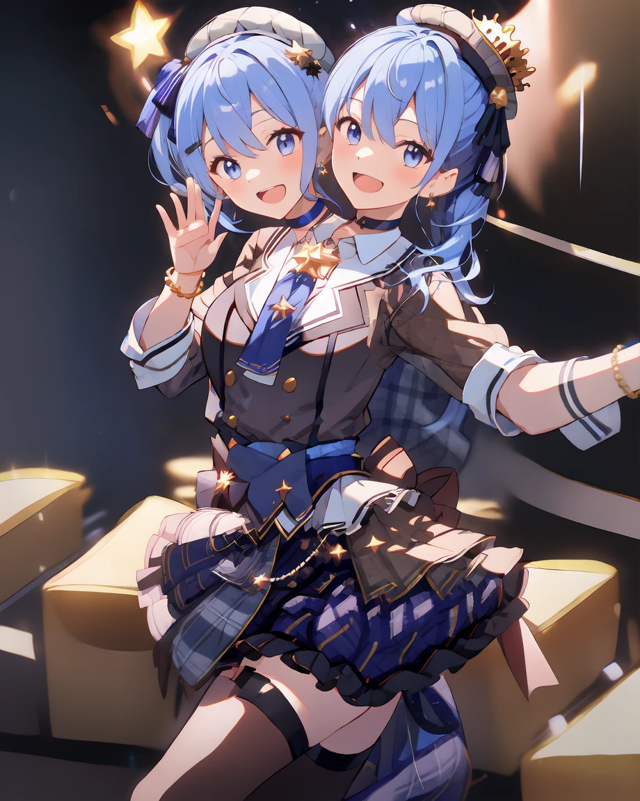 (masterpiece, best quality), best resolution, (2heads:1.5), dynamic angle, 1girl, HoshimachiSuisei, side ponytail, blue hair ribbon, SuiseiBase, plaid beret, crown, blue star choker, star earrings, blue ascot, plaid jacket, plaid skirt, layered skirt, partially fingerless gloves, star bracelet, uneven legwear, thigh strap, standing, waving hands, smile, open mouth, singing, look at viewer, happy, excited, open arms, dancing, concert stage, starfield, spotlight