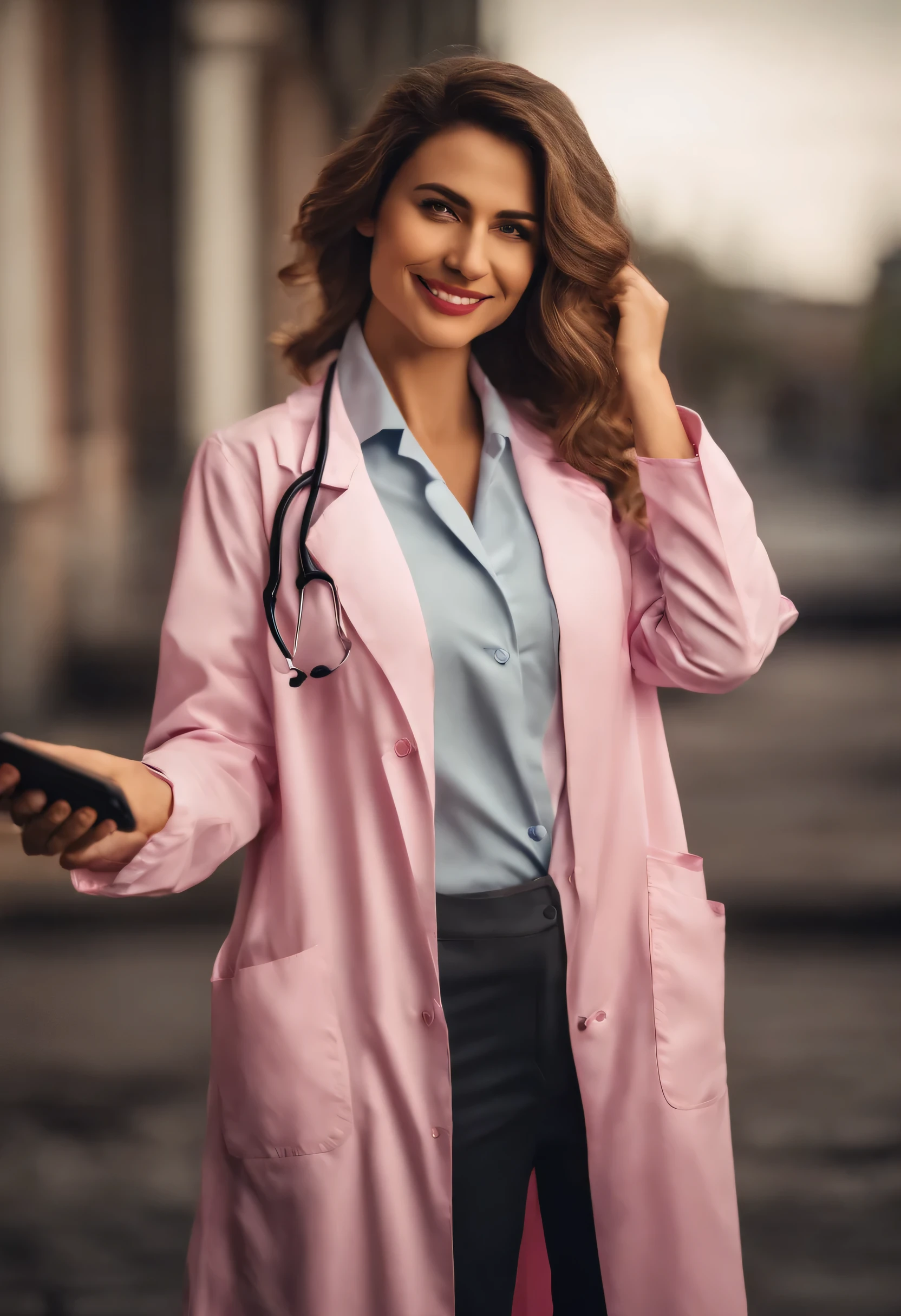 Uma bela garota de cabelo longo cacheado , Take a selfie in your lab coat and with your pink stethoscope around your neck. Personagens em 3D desenho animado