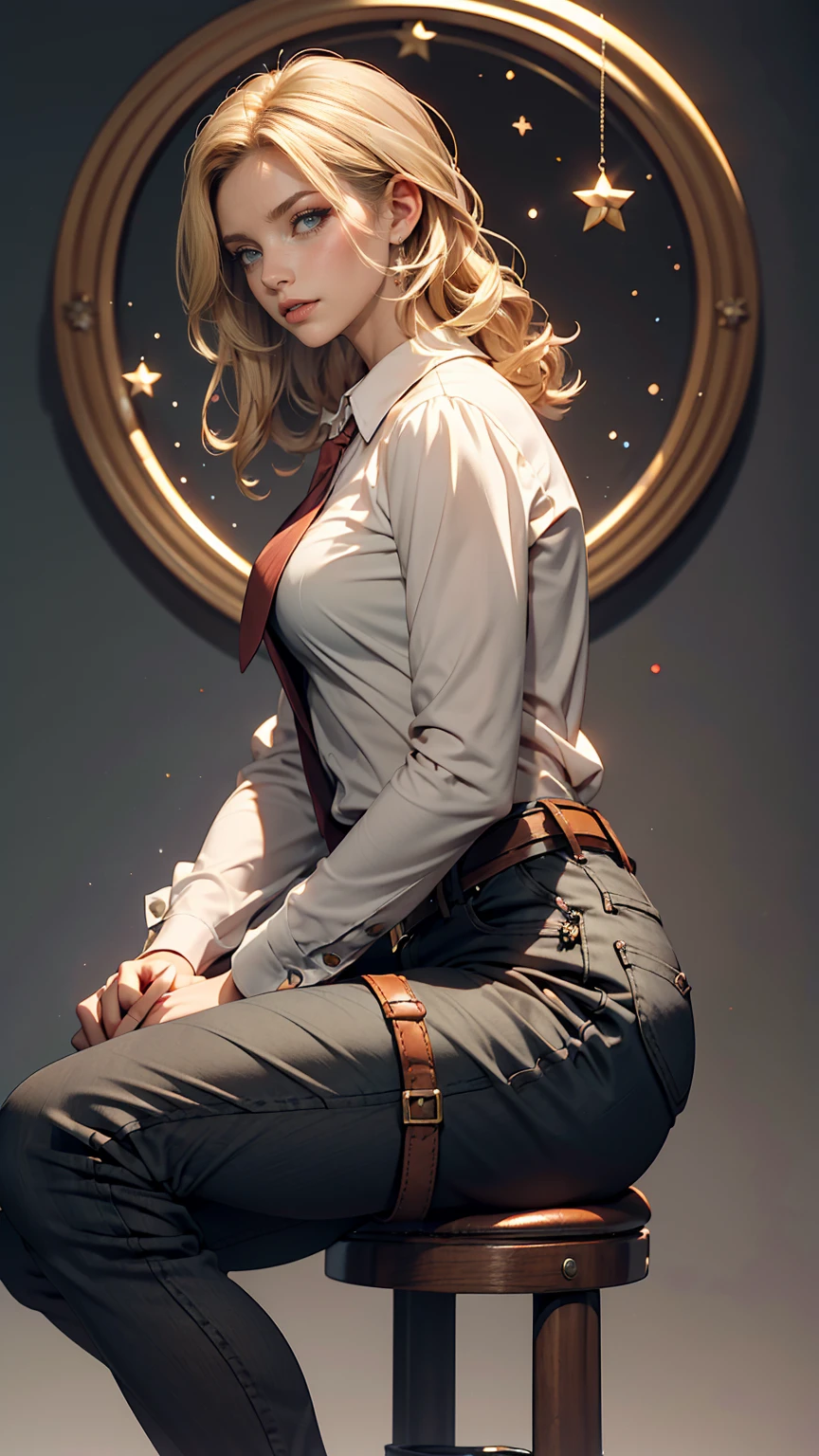 Ah Style, shingeki no kyojin,, , Krista Lentz,, One girl, belt, belt buckle, Blonde, blue eyes, Brown footwear, brown pants, buckle, chest belt, collared shirt, diamond (shape), Floating Hair, From the side, whole body, Gray background, Hair between the eyes, Place your hands on your thighs, Long Hair, Long sleeve, Looking to the future, with own hands, pants, Lips parted, shirt, shoes, Sitting, alone, Shine, star (symbol), Thigh straps, white shirt, , , ((masterpiece)), highest quality, ,