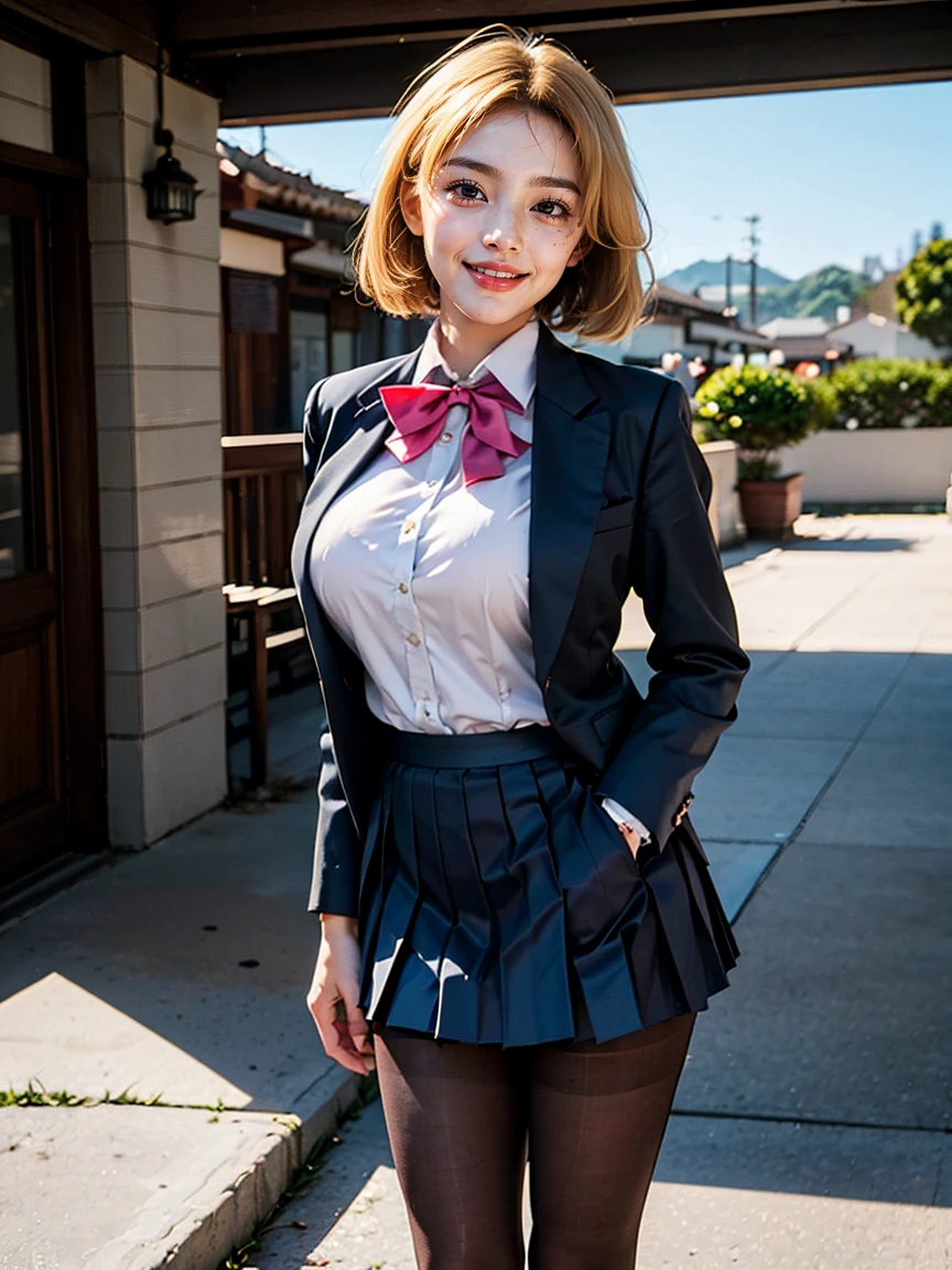 (1 lady), (Best quality at best:1.4), (ultra - detailed), (extremely detailed CG unified 16k), A Beautiful Woman with Perfect Figure: 1.4, Sharp Focus: 1.2, very detailed, High-definition RAW color photo, professional photoshooting, amazing face and eyes, cosmetics, (amazingly beautiful girl), ((jksatoko)), ((scho0l uniform, blue pleated skirt, white shirt, gray blazer, black pantyhose)), standing, sexyposture，outside oriental temple, tree, nature, (look from down), realistic cinematic face, head to feet long wide zoomed out view, full body long view, photorealistic, ((realistic natural blonde hair style, violet eyes, pure golden blonde yellow hair)), gorgeous, extremely beautiful face, perfect model beauty, pout mouth, Highly Detailed Face and Skin Texture, Detailed Eyes, Double Eyelids, Medium Breasts, Smile, flirting smile, laughing hard, cleavages, western, (masterpiece), best quality, high resolution, extremely detailed, blurred background, depth of field, cinematic lighting, amazing legs, high heels, clear and well-cared skin,