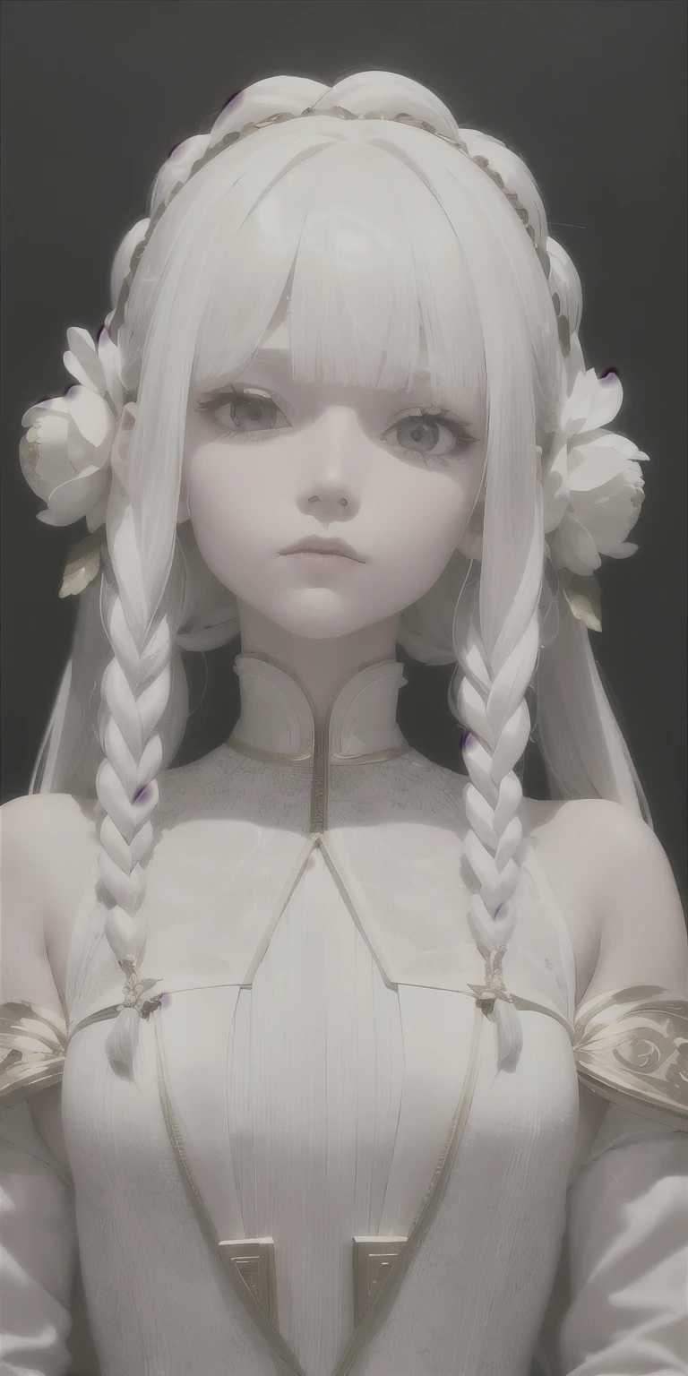 best quality, masterpiece,white hair, gold eyes,white clothes, looking up, upper body,hair strand,Fair skin,side braids