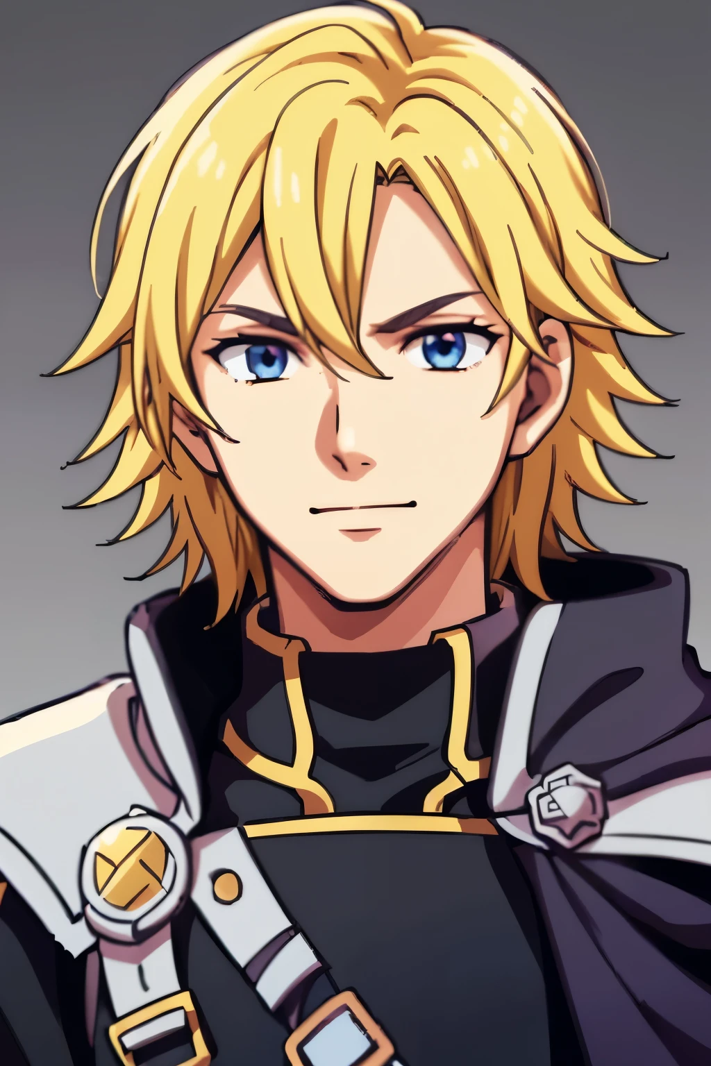 (high-quality, breathtaking),(expressive eyes, perfect face) 1boy, male, solo, portrait, half body, young adult, age 18, Fire Emblem Awakening, Symmetrical Eyes, Fire Emblem, golden blonde hair color, short hair length, messy wavy hair, upper body, blue eyes, positive expression, charming smile, detailed eyes, blonde brown hair, narrow eyes, kind expression, benevolent prince, grey background, detailed eyes, black armor, pink trim, cape, Fire Awakening Art Style, Brave Chrom Fire Emblem Heros
