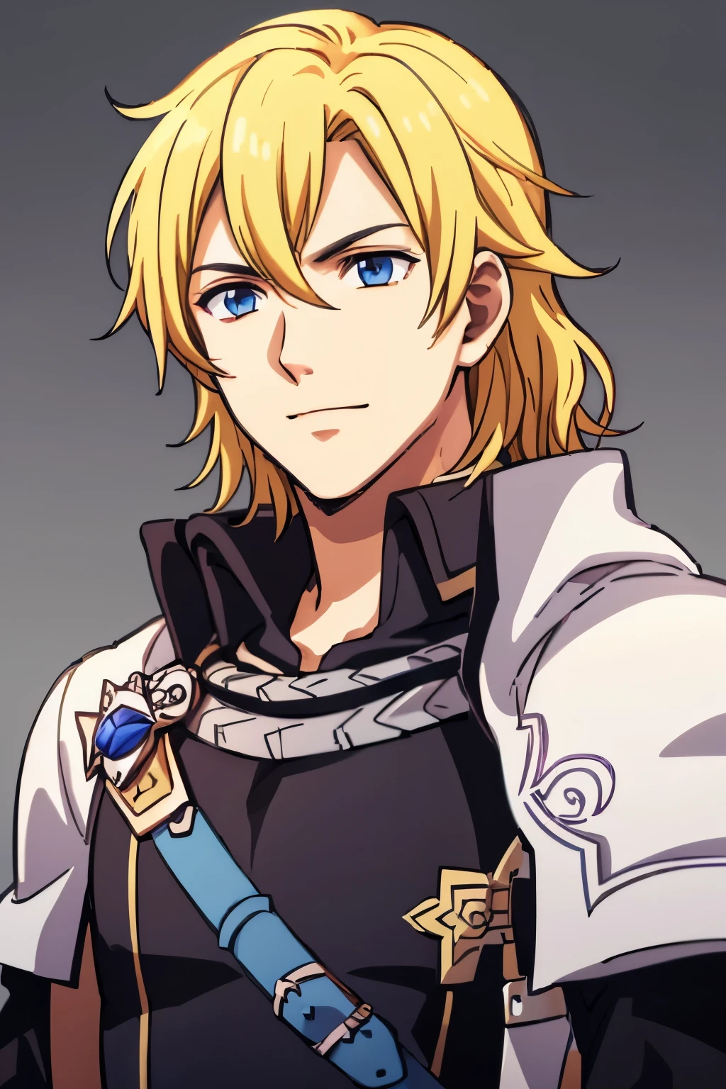 (high-quality, breathtaking),(expressive eyes, perfect face) 1boy, male, solo, portrait, half body, young adult, age 18, Fire Emblem Awakening, Symmetrical Eyes, Fire Emblem, golden blonde hair color, short hair length, messy wavy hair, upper body, blue eyes, positive expression, charming smile, detailed eyes, blonde brown hair, narrow eyes, kind expression, benevolent prince, grey background, detailed eyes, black armor, pink trim, cape, Fire Awakening Art Style, Brave Chrom Fire Emblem Heros
