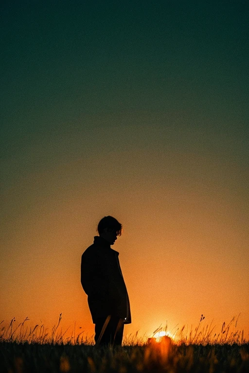 highest quality、Standing alone in the grass at dusk、Orange sky、Lonely atmosphere、melancholy