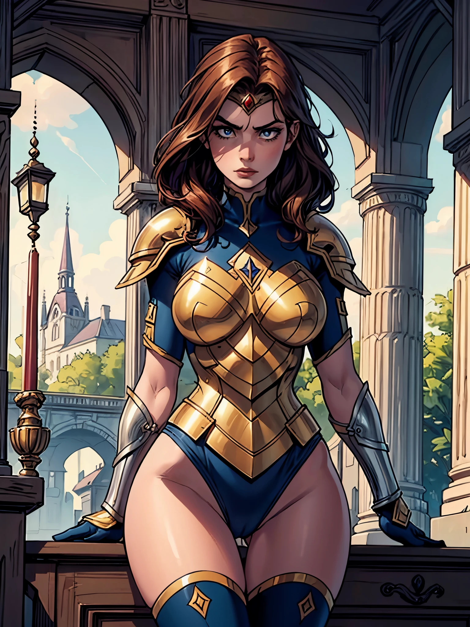 In the heart of Europe's medieval era, a brave and resilient maiden named Joana d'Arc is depicted in this enchanting tableau. The garota de armadura, or maiden in armor, is shown leaning over a long, sharp sword that has been firmly planted into the ground. Her curto, or short, wavy chestnut hair cascades down her shoulders, framing her determined face.
The armadura fechada, or closed armor, protects her body comprehensively, with every intricate detail visible in the 4K camera shot. The armor's surface gleams as if freshly polished, highlighting the steeple-like curves created by