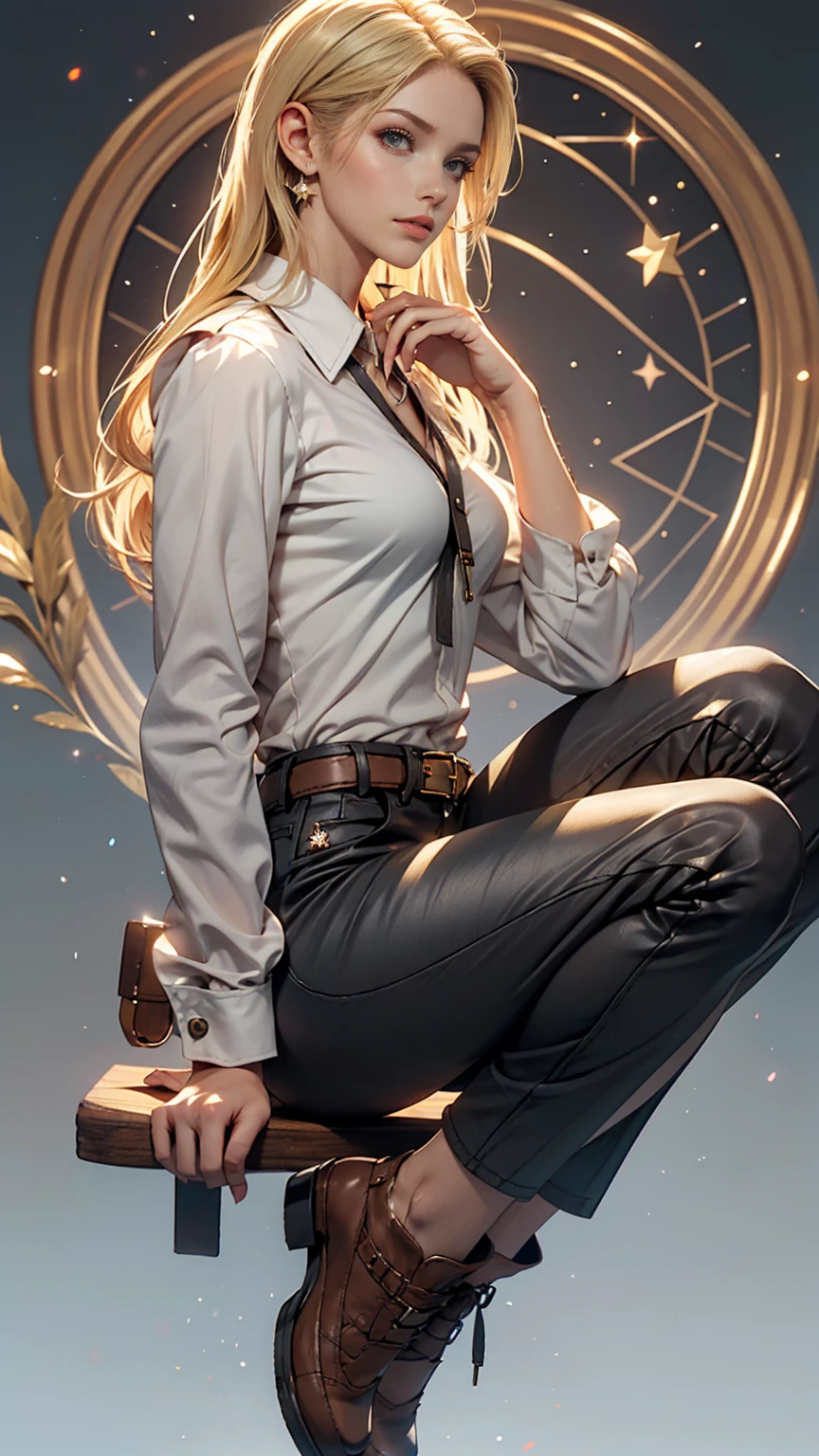 Ah Style, shingeki no kyojin,, , Krista Lentz,, One girl, belt, belt buckle, Blonde, blue eyes, Brown footwear, brown pants, buckle, chest belt, collared shirt, diamond (shape), Floating Hair, From the side, whole body, Gray background, Hair between the eyes, Place your hands on your thighs, Long Hair, Long sleeve, Looking to the future, with own hands, pants, Lips parted, shirt, shoes, Sitting, alone, Shine, star (symbol), Thigh straps, white shirt, , , ((masterpiece)), highest quality, ,