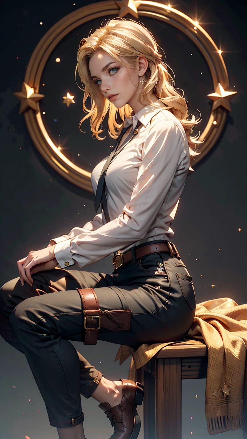 Ah Style, shingeki no kyojin,, , Krista Lentz,, One girl, belt, belt buckle, Blonde, blue eyes, Brown footwear, brown pants, buckle, chest belt, collared shirt, diamond (shape), Floating Hair, From the side, whole body, Gray background, Hair between the eyes, Place your hands on your thighs, Long Hair, Long sleeve, Looking to the future, with own hands, pants, Lips parted, shirt, shoes, Sitting, alone, Shine, star (symbol), Thigh straps, white shirt, , , ((masterpiece)), highest quality, ,