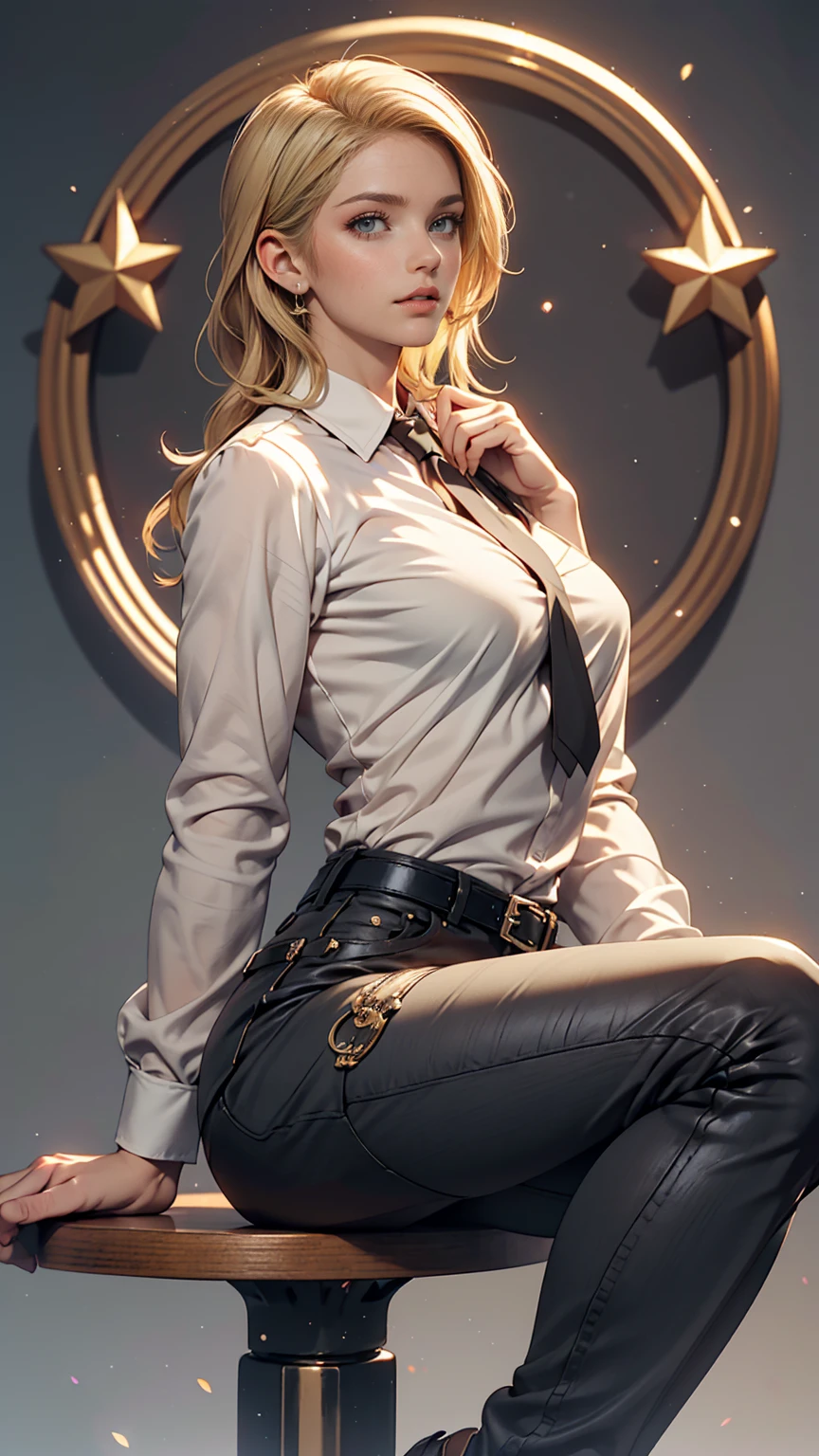 Ah Style, shingeki no kyojin,, , Krista Lentz,, One girl, belt, belt buckle, Blonde, blue eyes, Brown footwear, brown pants, buckle, chest belt, collared shirt, diamond (shape), Floating Hair, From the side, whole body, Gray background, Hair between the eyes, Place your hands on your thighs, Long Hair, Long sleeve, Looking to the future, with own hands, pants, Lips parted, shirt, shoes, Sitting, alone, Shine, star (symbol), Thigh straps, white shirt, , , ((masterpiece)), highest quality, , 