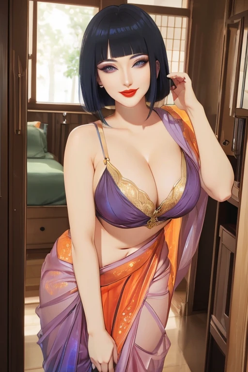 Ultra-realistic movie master pie with ultra-detailed primetime portraits, high quality, 8K, table top, Ultra HD), 1 girl 25 years old、fashion supermodel, ((Random style and color hair)), masterpiece, high quality, high quality, High resolution、black_mascara put in Long eyelashes:1.5, dark (eyesshadows:1.35), (Glossy) red_lips:1.24, [[blue_eyes]], (iridescent eyes), vibrant eyes:1.2, contrast, light shot:1.2, (seductive smile), ((makeup cheeks flushed)) 