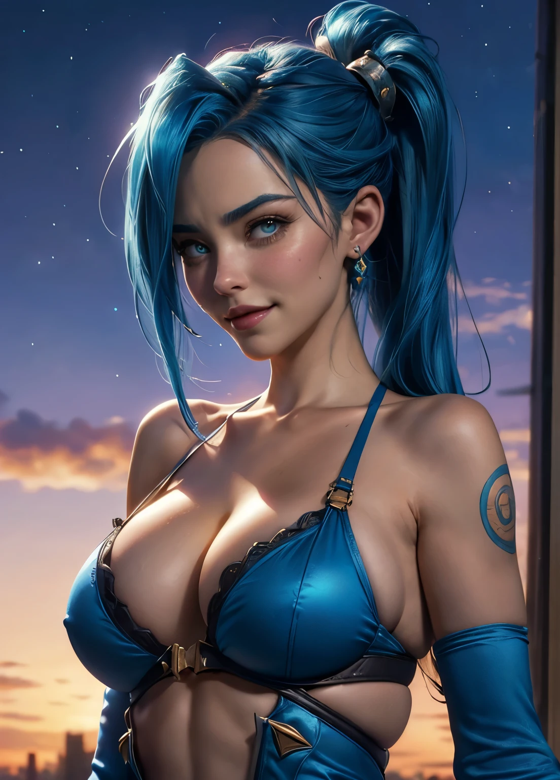 tetas grandes, muchas tetas, pechos grandes. jinx de league of legends, pechos grandes. full bobies. ciudad dark colors blue , blue. cinematica. hd. arriba de un cohete. jinx de pelo blue. sad cara de loca, sad, triste, sonrisa de loca
