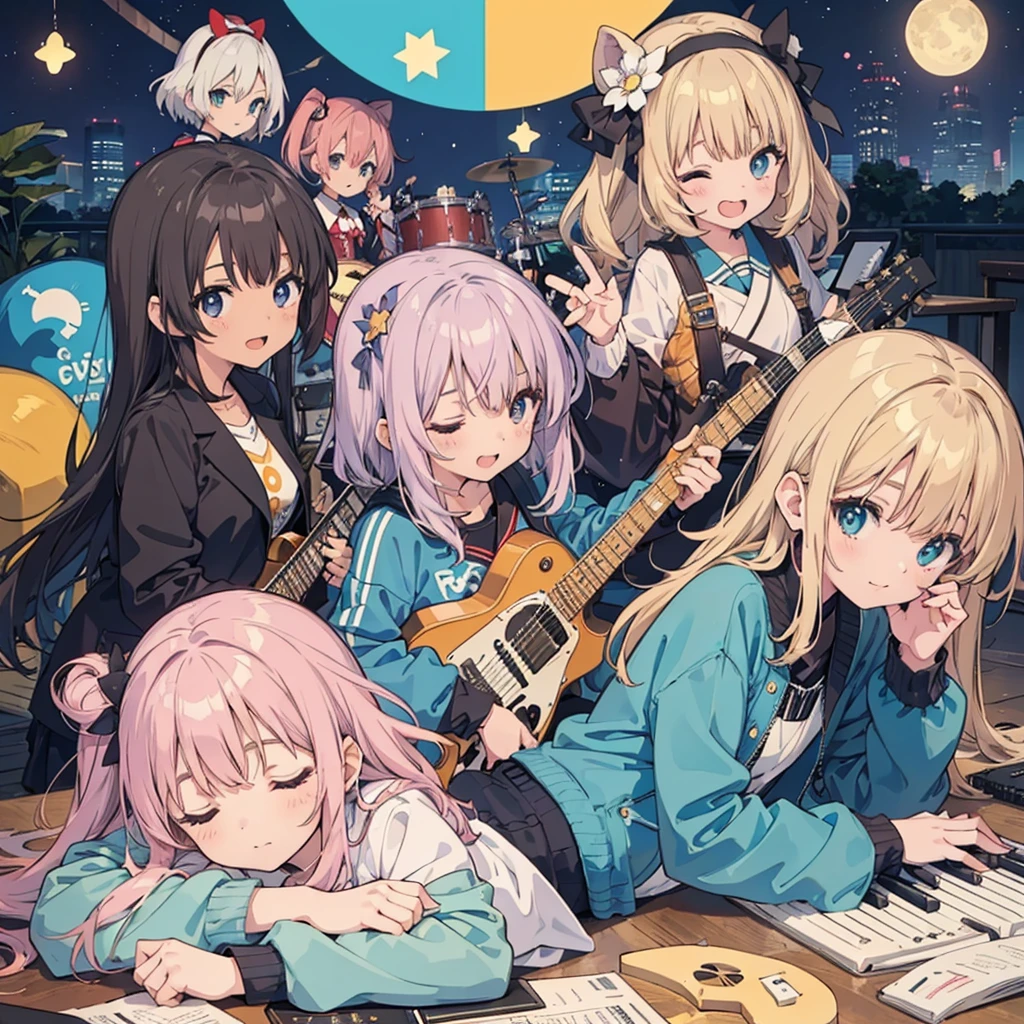 Cute girls lying down with their heads in the center in anime quality, 5Idol girls, band, guitar, drums, keyboard, Sleeping in a circle, Radial, Jacket illustration, arious pose, Kyoto Animation,