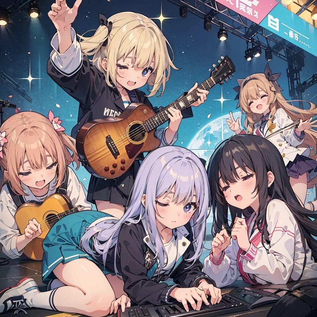 Cute girls lying down with their heads in the center in anime quality, 5Idol girls, band, guitar, drums, keyboard, Sleeping in a circle, Radial, Jacket illustration, arious pose, Kyoto Animation,