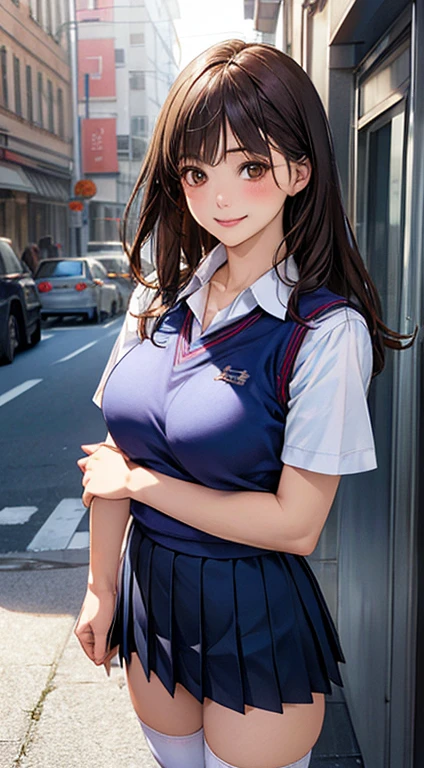 (masterpiece:1.2, highest quality), (Realistic, photoRealistic:1.4), Beautiful illustrations, (Natural Side Lighting, Cinema Lighting),
View your viewers, Cowboy Shot, Front view:0.6, 1 girl, Japanese, high school girl, Perfect Face, Cute and symmetrical face, Shiny skin,
(Middle Hair:1.8, Straight hair:1.7, Brown Hair), Asymmetrical bangs, Golden Eyes, (Large Breasts:1.1, Thick thighs),
Beautiful Hair, Beautiful Face, Beautiful fine details, Beautiful clavicle, Beautiful body, Beautiful breasts, Beautiful thighs, Beautiful feet,
((Light blue collared shirt, Navy Pleated Mini Skirt, socks, Navy them, Navy vest, White knee socks)), Pink Panties,
(Beautiful views), evening, street, Vibrator in knee socks, (Roll up the skirt yourself, ), (Dildo under clothes),
(Cute smile, Upward glance),