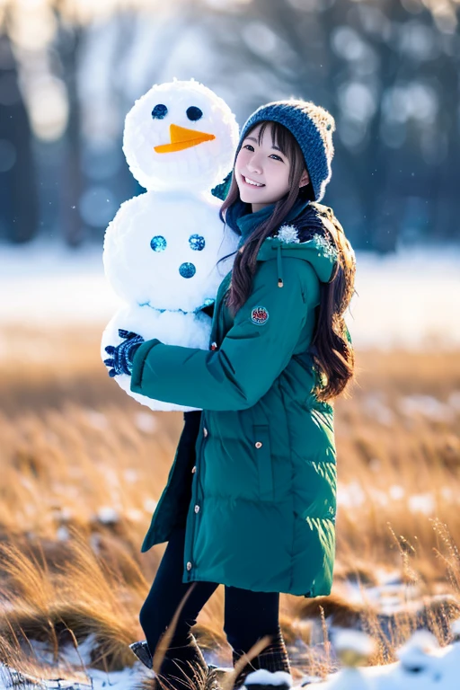 a beautiful japanese girl, 8k, super detail, best quality, (photorealistic:1.4), (Making a big snowman), (full body:1.5), (long hair), 1 girl, solo, Snowy field,first-person view