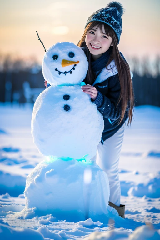 a beautiful japanese girl, 8k, super detail, best quality, (photorealistic:1.4), (Making a big snowman), (full body:1.5), (long hair), 1 girl, solo, Snowy field,first-person view