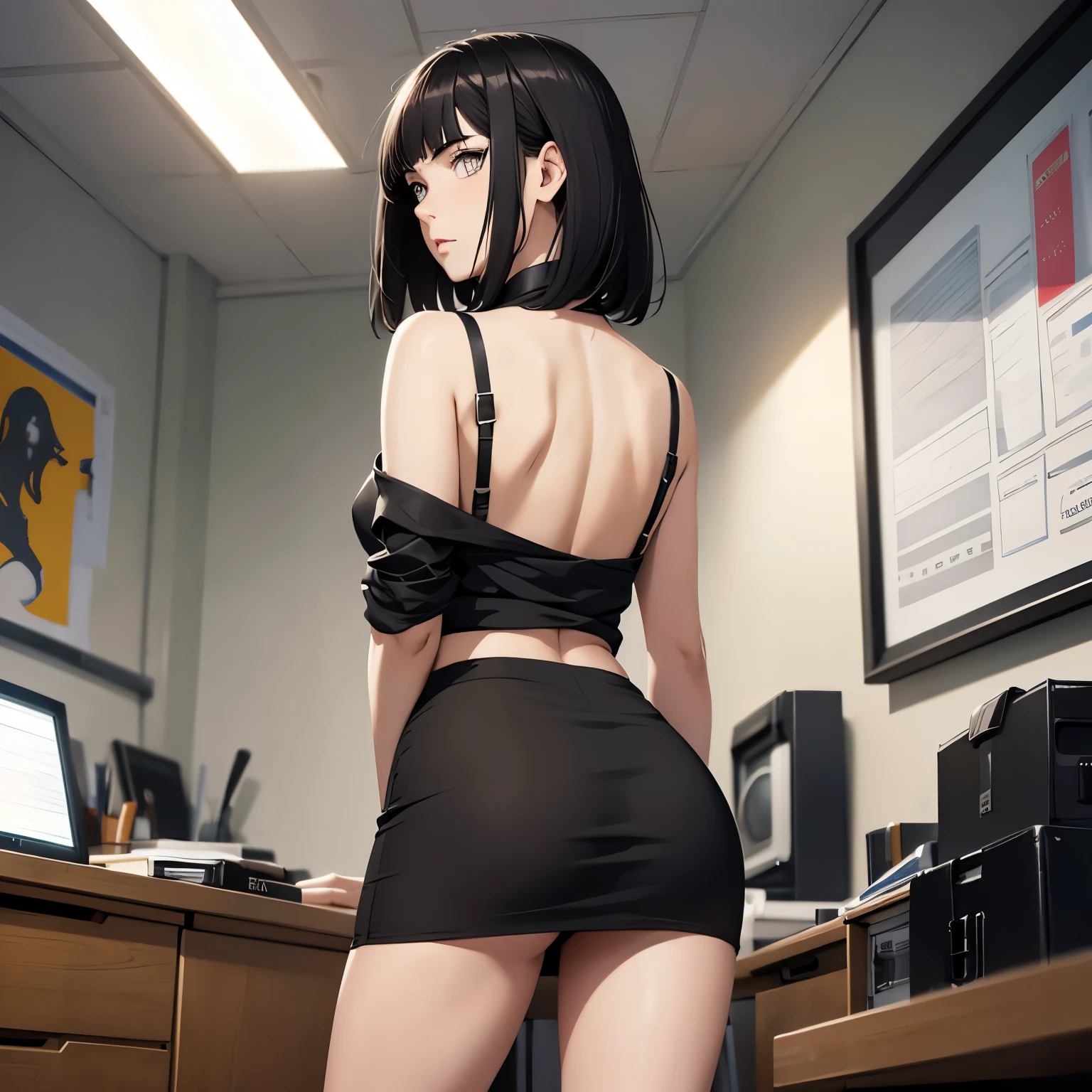 (masterpiece), Best quality, good anatomy, one girl (full body), white eyes, realistic face, gloomy face, dark hair, short haircut ,bare shoulders, buttocks, back, tight black top, black pencil skirt, beautiful legs, Office, Reflectors, 8K masterpiece, super detail, film movie, best quality, best ditails, detailed face, detailed eyes, from behind