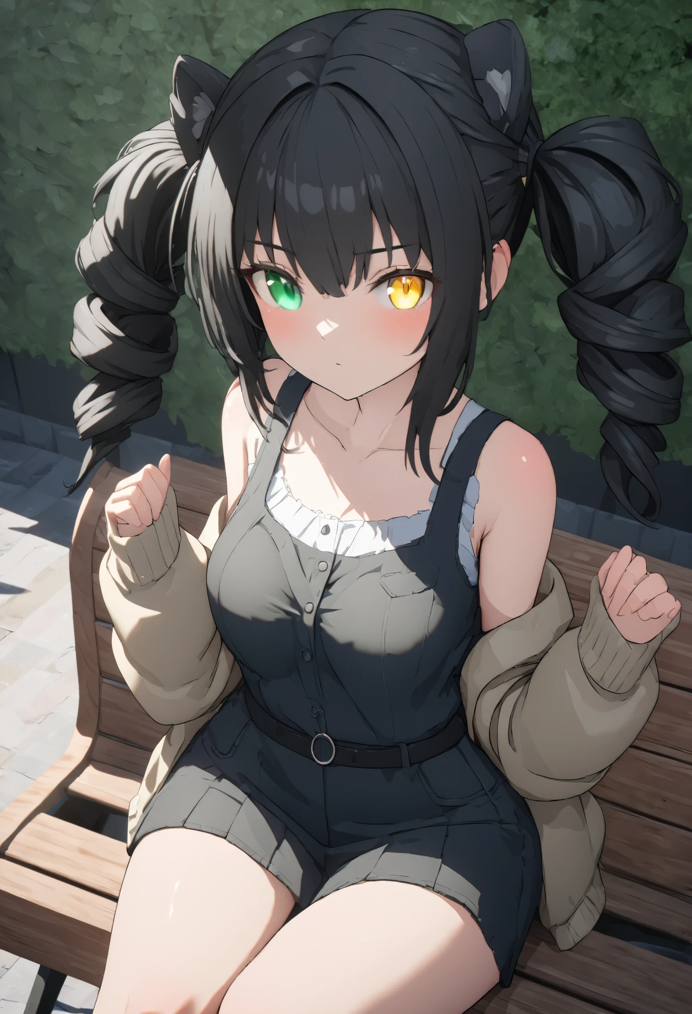 (((best quality ultra-detailed,unity 8k))),1 girl,Shiny Hair,(((twin drill:1.3))),medium hair,(heterochromia green eye yellow eye),Black Hair,Sit on a bench,garden,medium breasts:1.5,Casual attire,