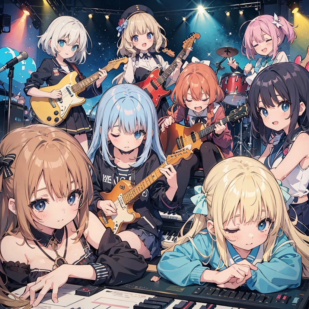 Cute girls lying down with their heads in the center in anime quality, 5Idol girls, band, guitar, drums, keyboard, Sleeping in a circle, Radial, Jacket illustration, arious pose, Kyoto Animation,