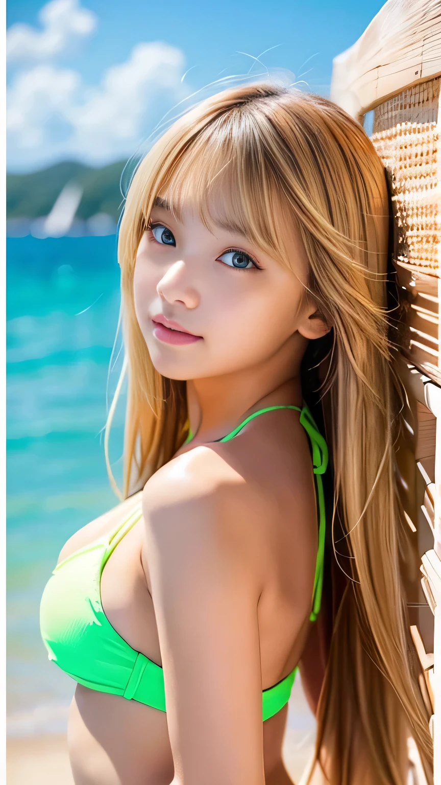 Sexy Big 、Sexy cute looks and cute  beautiful girl, beautiful and sexy face、A strong wind blows my hair in front of my face、With straight blonde hair、beautiful, Cute and sexy eyes hidden behind long bangs、Tops Fluorescent Bikini、Sunburn