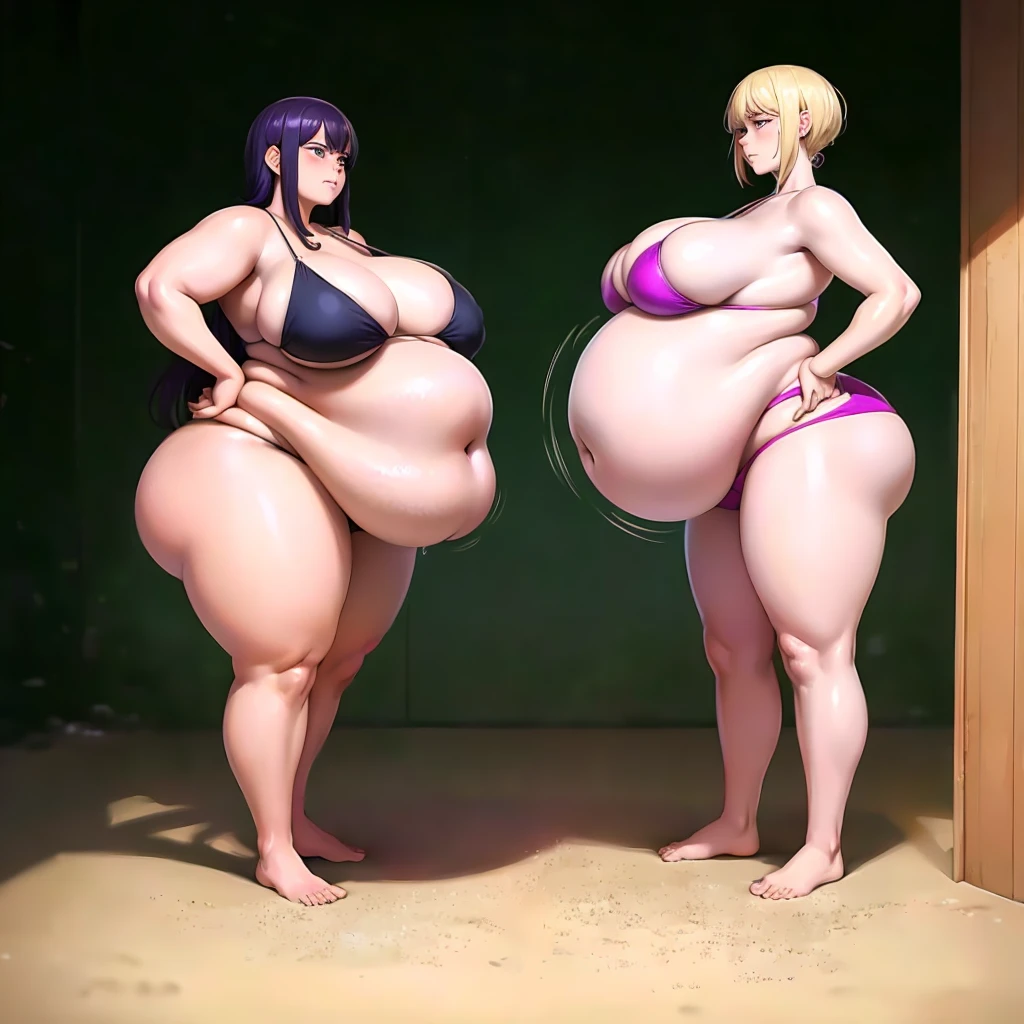 A young woman in a bikini, massive bloated overstuffed heavy protruding bulging obese round belly, hyper massive obese tall wide round heart shaped bubble butt, wide fat hips, massive fat round breasts, deep long cleavage, so full it hurts, gurgling belly, sloshing belly, distended belly, churning belly, it hurts being so full but it feel so good, squishy belly, bellies squished together, squished together, shes upset her friend isnt as fat as her, shes making her obese, wide stance, struggling to stand, deep navel, juicy fat ass,