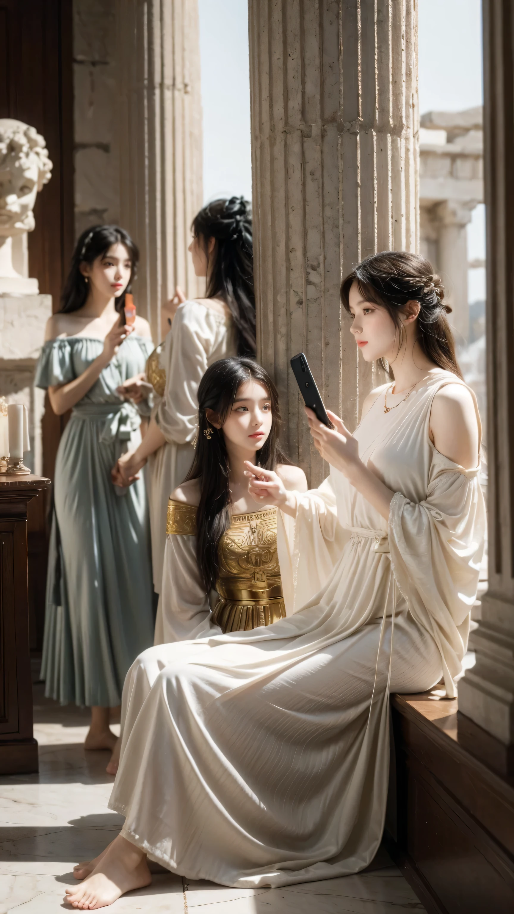 Shows the conversation between the young man and three girls,Preserve the same style as the original image texture and appearance, Ancient Greek atmosphere, His artistic style is similar to that of Alma-Tadema. picture, The realistic visual performance, Avoid showing anything related to modern technology. instead, This scene is like a classical painting., No Canon EOS 5D Mark IV camera