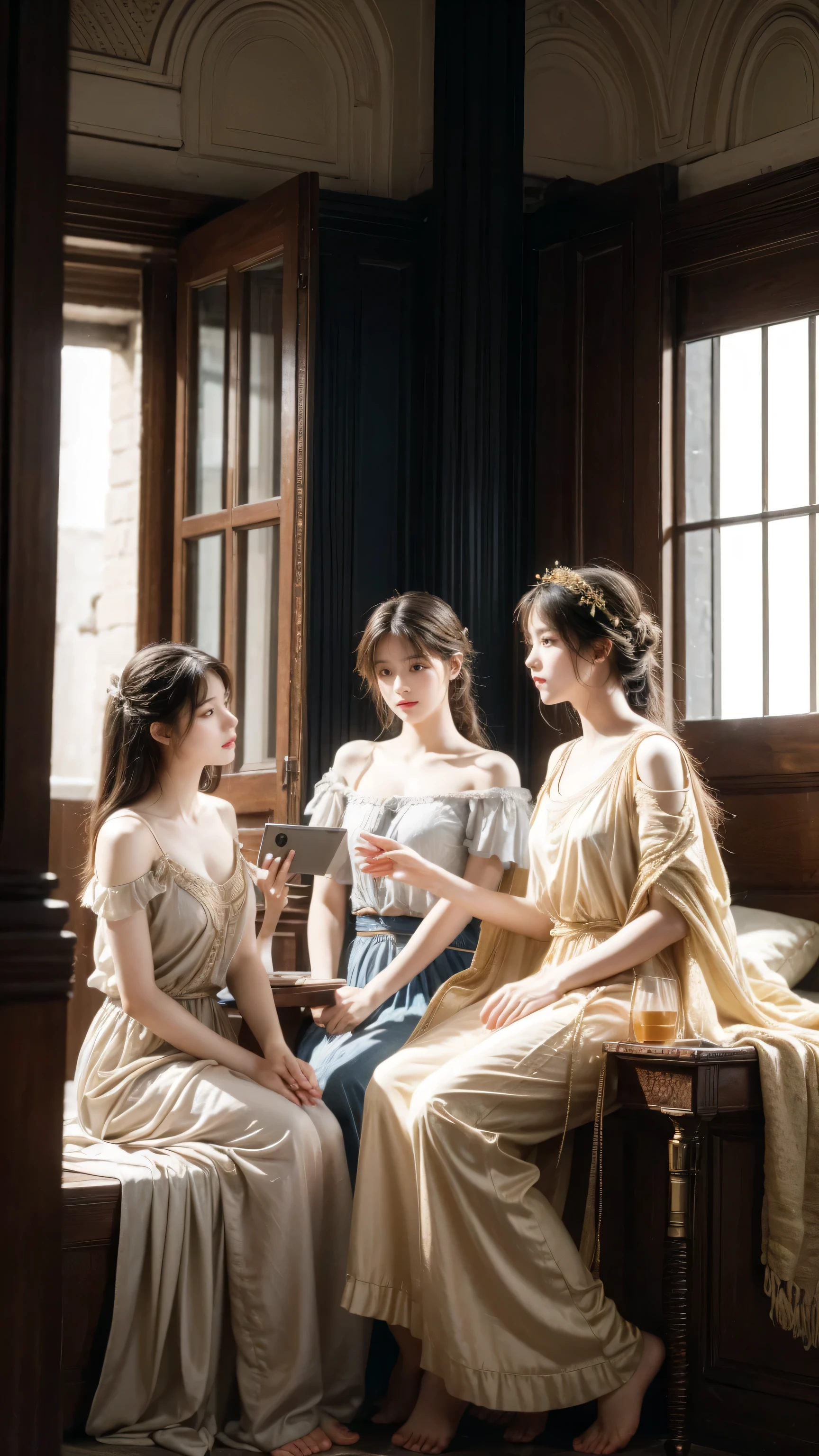 Shows the conversation between the young man and three girls,Preserve the same style as the original image texture and appearance,    Ancient Greek atmosphere, His artistic style is similar to that of Alma-Tadema. picture, The realistic visual performance, Avoid showing anything related to modern technology. instead, This scene is like a classical painting., No Canon EOS 5D Mark IV camera