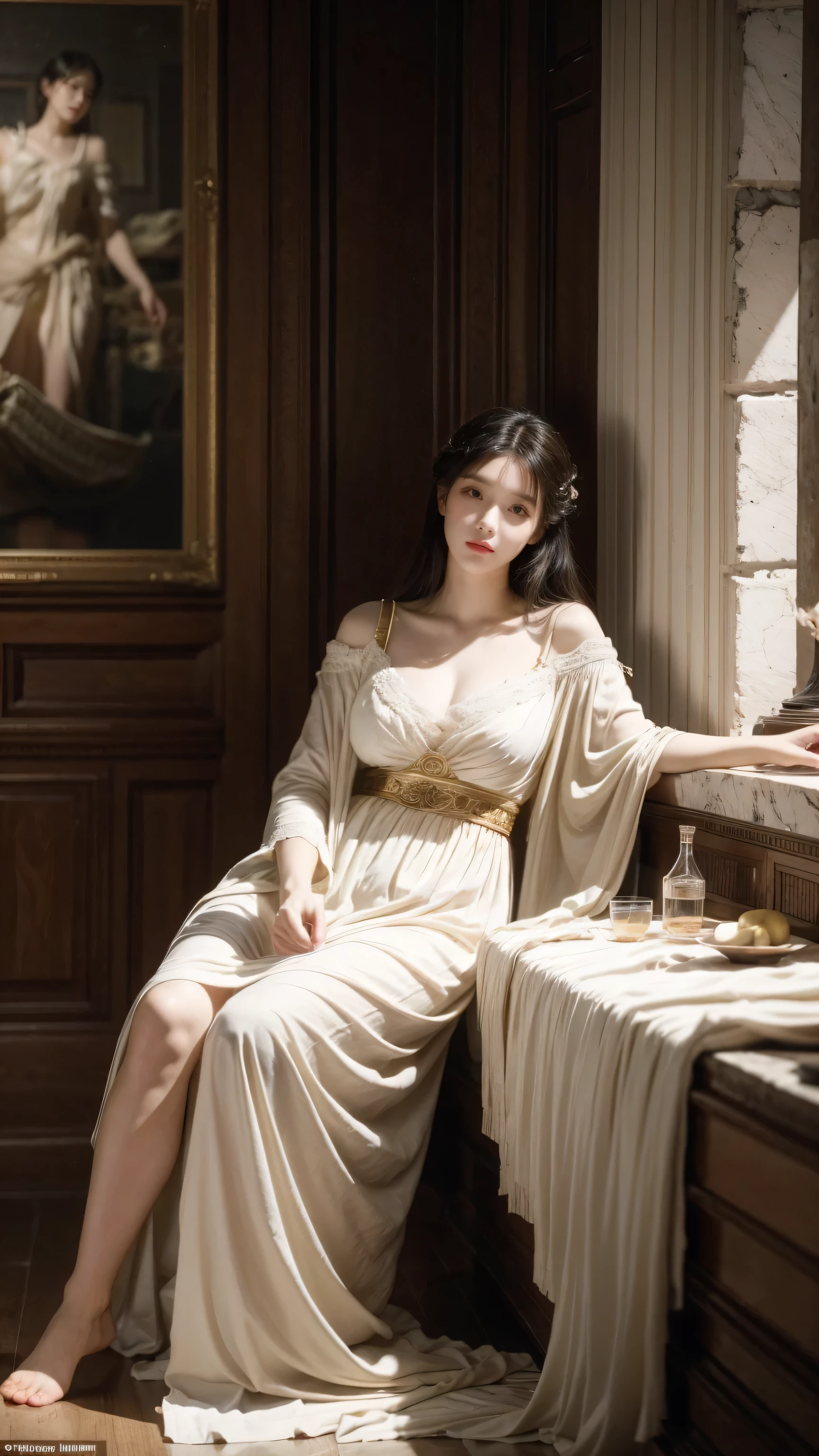 Shows the conversation between the young man and three girls,Preserve the same style as the original image texture and appearance,    Ancient Greek atmosphere, His artistic style is similar to that of Alma-Tadema. picture, The realistic visual performance, Avoid showing anything related to modern technology. instead, This scene is like a classical painting., No Canon EOS 5D Mark IV camera