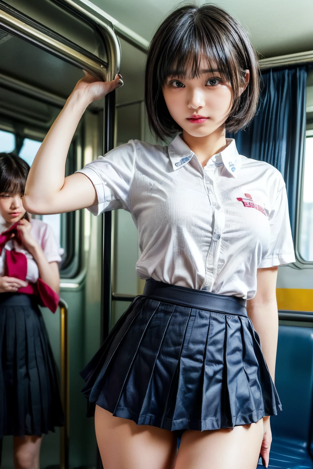 (8K、Raw photo、highest quality、masterpiece:1.2)、(realistic、Photoreal)、1 girl,(High school girl pulls up her skirt on the train and shows off your panties:1.6)、(cute face:1.3)、Japanese 1 girl,(Japan High School Girl)、(1 real high school girl)、(Japan High School Uniforms:1.6),small breasts,perfect skin,detail skin,(cute girl,short hair:1.7)