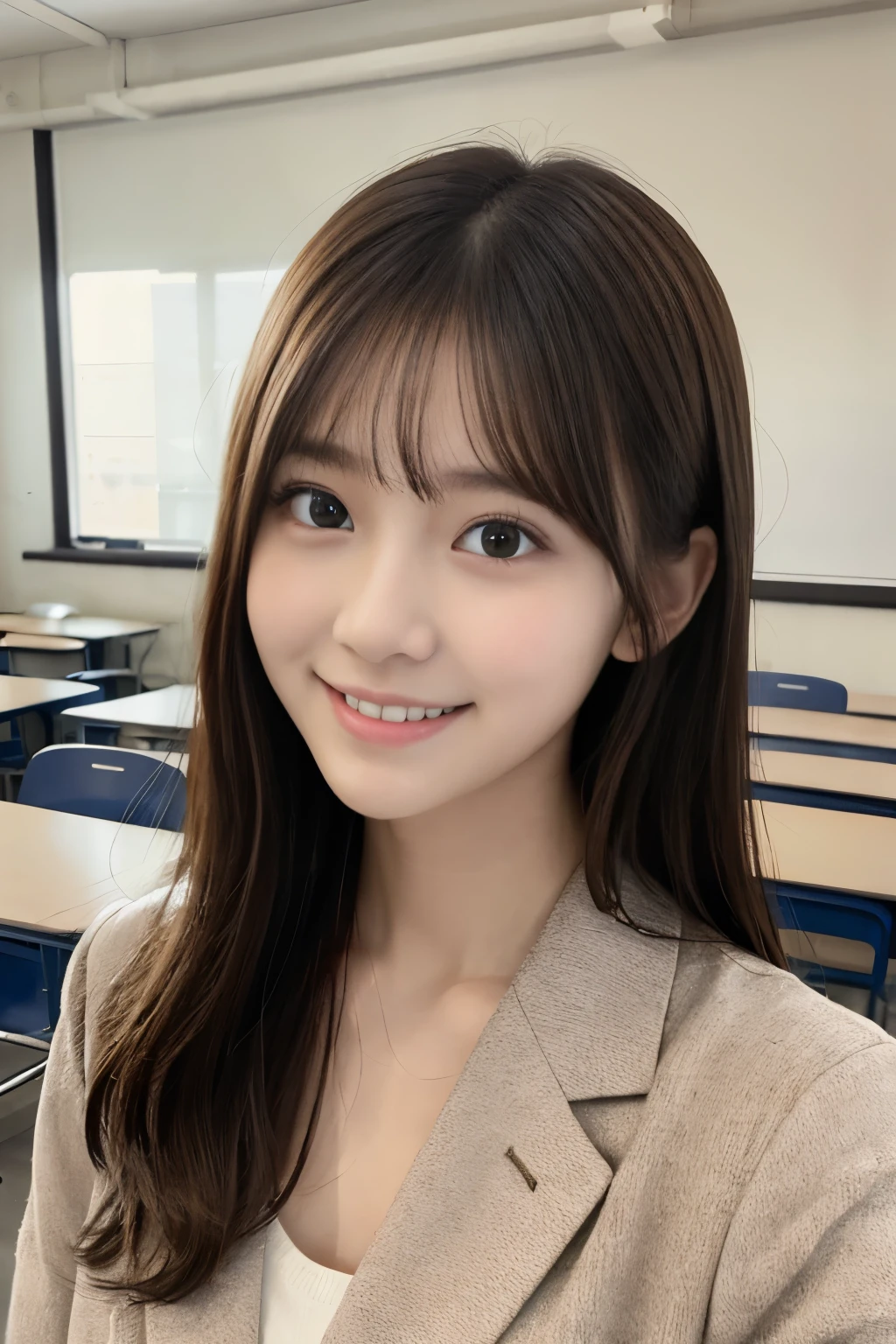 (masterpiece、High resolution、high resolution、超High resolution、Delicate、16K、perfect lighting、sunlight）1 female（25 years old、brown hair、long hair、curly hair、clear eyes、dense lips、slim、Slender、OL、suit）,
(bewitching smile:1.3), (super beautiful girl:1.3), beautiful skin, detailed eyes, detailed face
BREAK
high school classroom,
