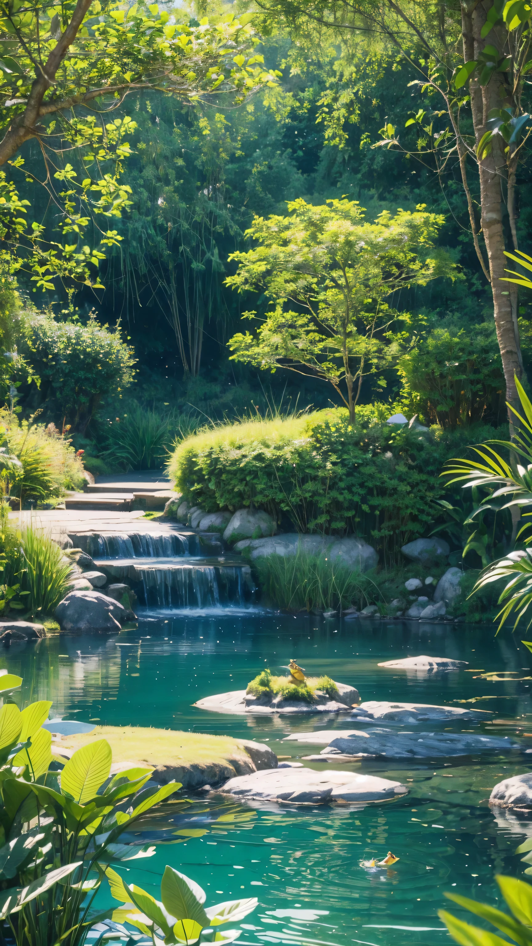 Draw a peaceful and tranquil lake, Surrounded by lush greenery、Colorful plants. In one of the banks, A little frog sits, Happy and satisfied. Around the lake, There are other friendly animals,Like singing birds, Butterflies flying,Dragonfly buzzing. Create a magical and enchanting scene,Introducing children into a world of imagination and adventure!