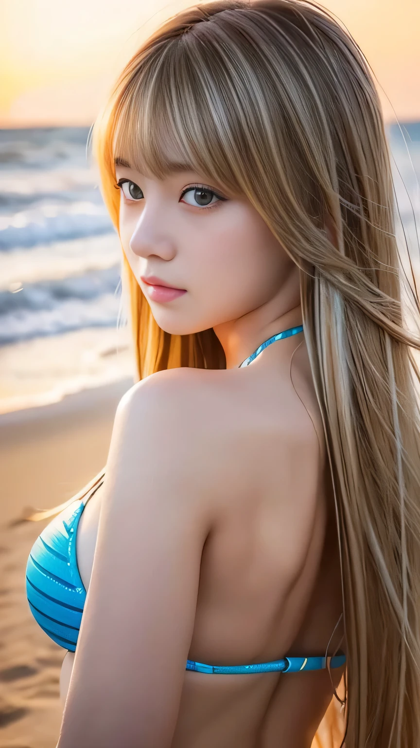 Sexy Big 、Sexy cute looks and cute old beautiful girl, beautiful and sexy face、A strong wind blows my hair in front of my face、With straight blonde hair、beautiful, Cute and sexy eyes hidden behind long bangs、Tops Fluorescent Bikini、Sunburn