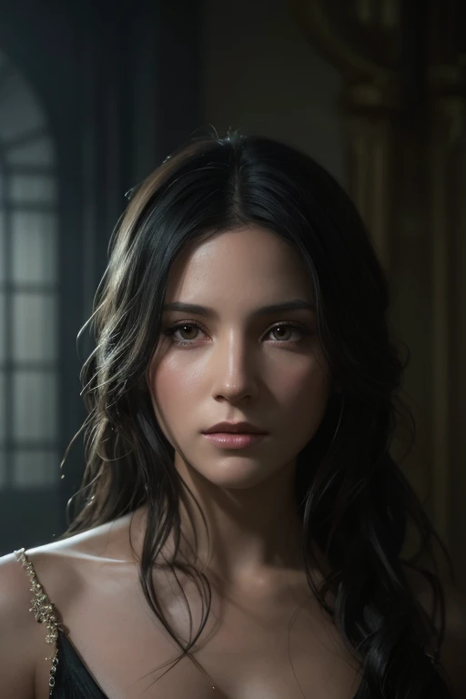 Portrait of Embrebecca with long black hair in the fog, Cinema Lighting, photoRealistic, Brilliant, Complex, Realistic, detailed, volumetric light and shadow Complex, elegant, highly detailed, Digital Painting, Art Station, Concept Art, Smooth, Sharp focus, figure, Artgerm、Greg Rutkowski、Art by Alphonse Mucha, super detailed