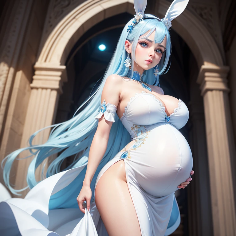 Beautiful pregnant female queen, elegant formal and tight white dress with blue details, blue gems, mature, bunny ears, sky blue hair, piercing blue eyes
