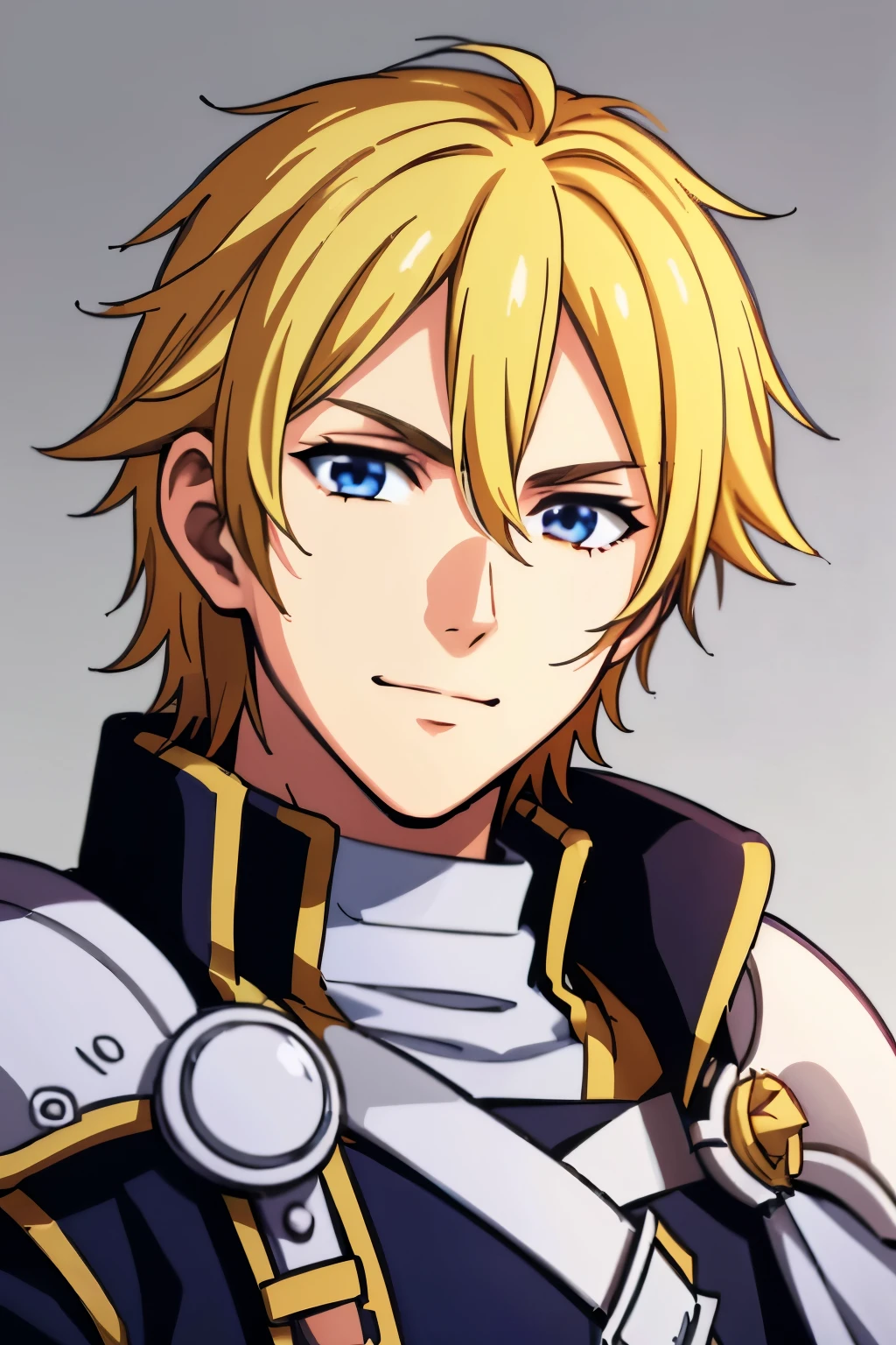 (high-quality, breathtaking),(expressive eyes, perfect face) 1boy, male, solo, portrait, young adult, age 18, Fire Emblem Awakening, Symmetrical Eyes, Fire Emblem, golden blonde hair color, short hair length, messy wavy hair, upper body, blue eyes, positive expression, charming smile, detailed eyes, blonde brown hair, narrow eyes, kind expression, benevolent prince, grey background, detailed eyes, black armor, pink trim, cape, Fire Awakening Art Style, Brave Chrom Fire Emblem Heros
