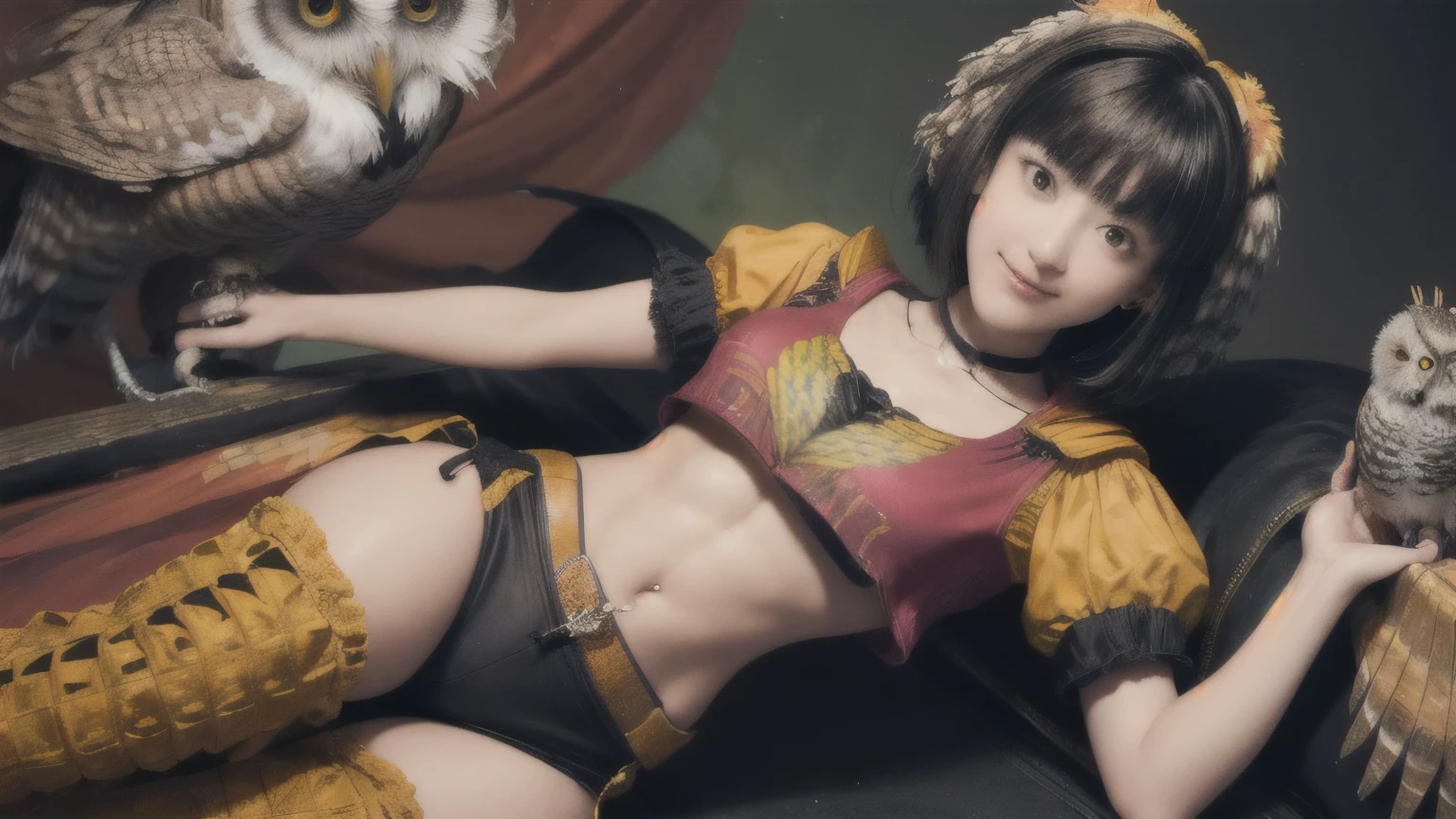 224 Short Hair, 20-year-old woman, A kind smile, (There are also colorful owls), (Rembrandt-style painting), ((machinery suit,Clothes with short sleeves)),I can see your abs