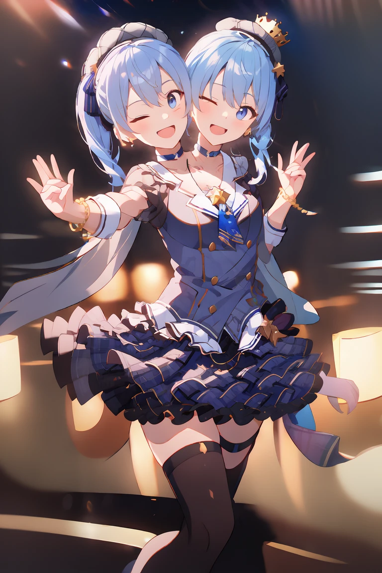 (masterpiece, best quality), best resolution, (2heads:1.5), dynamic angle, 1girl, HoshimachiSuisei, side ponytail, blue hair ribbon, SuiseiBase, plaid beret, crown, blue star choker, star earrings, blue ascot, plaid jacket, plaid skirt, layered skirt, partially fingerless gloves, star bracelet, uneven legwear, thigh strap, standing, waving hands, smile, open mouth, singing, look at viewer, happy, excited, open arms, dancing, one eye closed, concert stage, starfield, spotlight