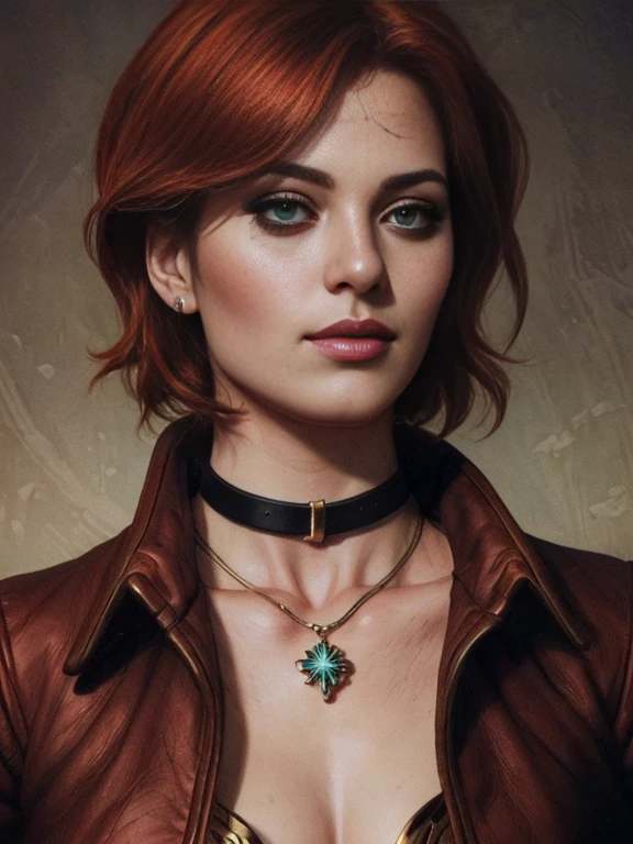 (masterpiece, top quality, best quality, official art, detailed:1.2), shaniW3, 1girl, solo, short hair, jewelry, green eyes, choker, necklace, lips, freckles, realistic, red hair   