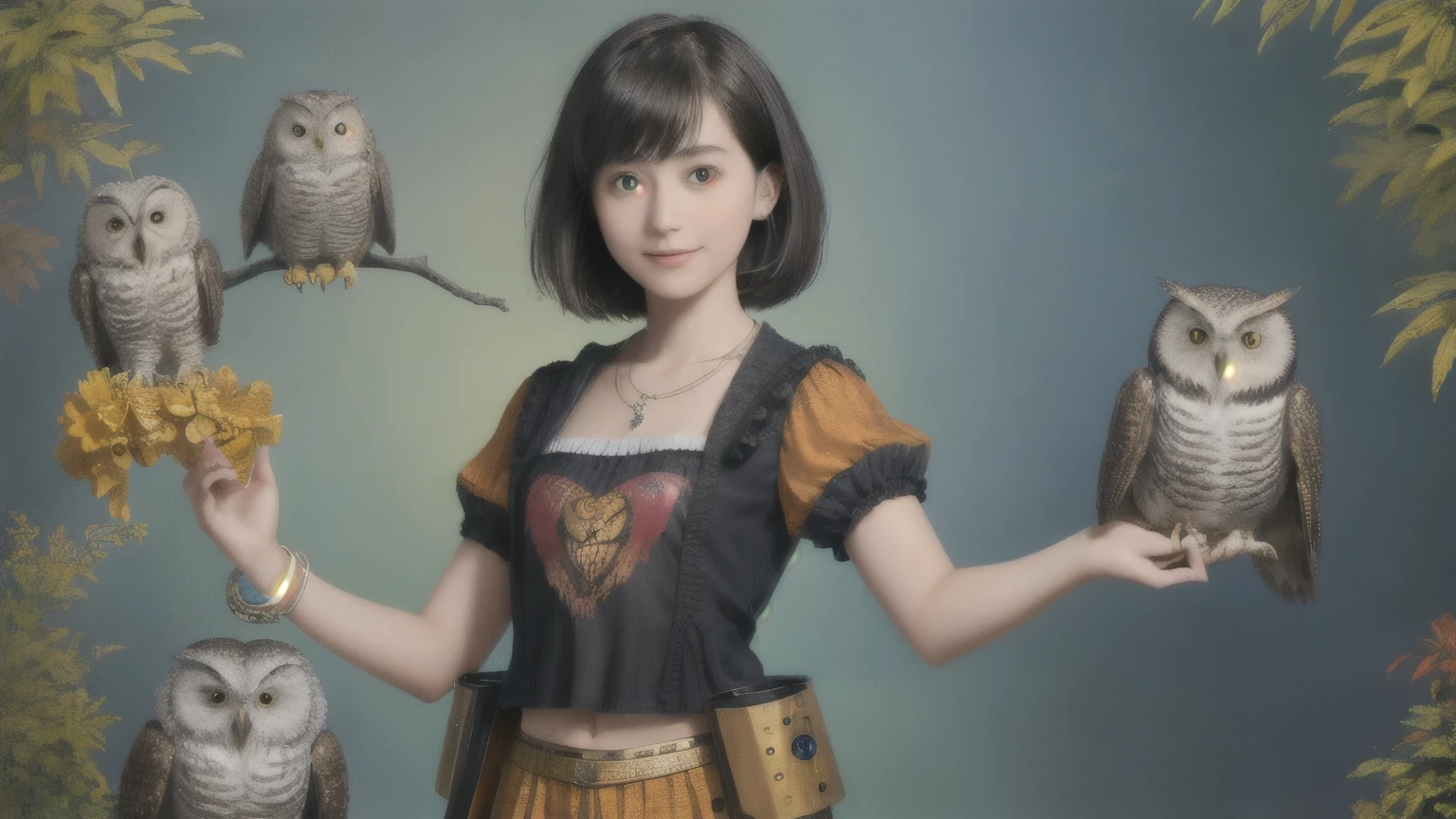 224 Short Hair, 20-year-old woman, A kind smile, (There are also colorful owls), (Rembrandt-style painting), ((machinery suit,Clothes with short sleeves)),I can see your abs