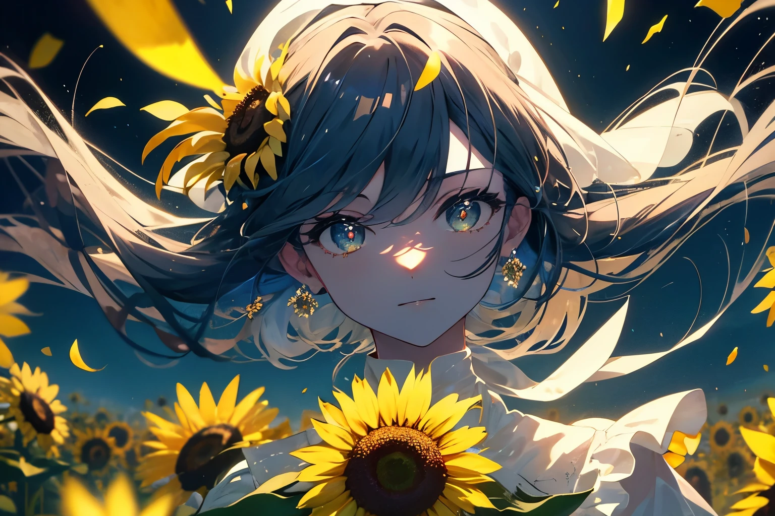 Create a high-quality illustration featuring a fantastical scene of sunflower fields with petals dancing in the air, accompanied by a beautiful boy. The illustration should evoke a sense of nostalgia and enchantment, with intricate details and a dreamy atmosphere. From the vibrant sunflowers swaying in the breeze to the serene expression on the boy's face, every element should be meticulously crafted to immerse the viewer in a nostalgic and magical moment. best quality, masterpiece, expressive eyes, gorgeous, vivid, perfect face, smile, happyness, 2eyes, emotion, detailed pupils, vivid pupils,stunning, life, relfection, peace, warm, compsition, artistic, 4k, wallpaper, bonnet, wind, glowing eyes