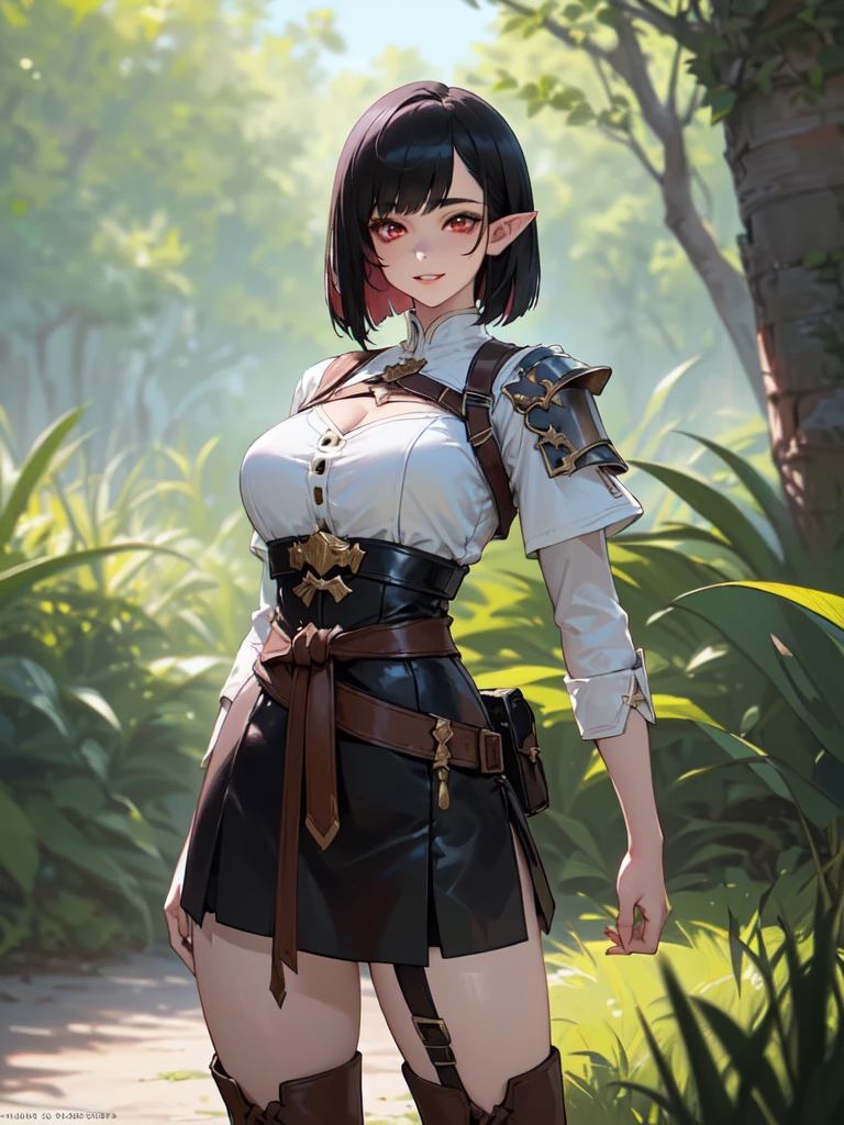 SFW (masterpiece, best quality, 32k) a teenage girl with medium black hair ((stark black hair, dark black hair, bangs, straight hair, bob, inverted bob, stylish bob)), ((pink eyes, ruby eyes, red eyes, brown eyes, bright eyes, beautiful eyes, detailed eyes, finely detailed eyes, highly detailed eyes)), ((youthful face, beautiful face, cute face, sexy face)), ((dark eyeshadow, dark eyeliner, full lips, small pointy ears)), ((pale skin:1.5, white skin, porcelain skin, smooth skin, soft skin)), standing, outside, outdoors, forest, lake, ((Fantasy clothes, fantasy outfit, bounty hunter:1.5, ranger, tracker)), ((leather armor, leather pauldron, single pauldron, harness, chest harness, leather belts, framed breasts, leather skirt, tight skirt, knee boots)), cleavage, ((huge breasts:1.7, round breasts:1.3, perky breasts:1.3)), ((slim:1.5, lithe:1.5, slender:1.5, thin:1.5, svelte:1.5, busty:1.2, buxom:1.2, supermodel body:1.2, fit body:1.2)), ((round hips, thin waist, waspish waist, slim waist)), ((long legs, slender legs)), small smile ((full lips)), calm expression, content expression, serene expression, happy expression, open eyes, large eyes, expressive eyes, head-to-waist portrait, cinematics, color oil painting, cinematic lighting, ((extremely detailed face)), ((finely detailed face)), Extremely detailed eyes, finely detailed eyes, beautiful face, beautiful eyes, perfect lighting, depth of field, (realistic proportions), (good anatomy), ((solo:1.6)), ((1girl:1.6))