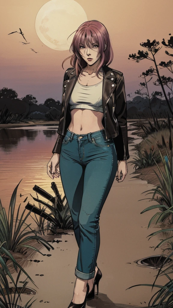 vector image, 2d cartoon,masterpiece, An anime woman,colored hair, blushed, tight ultra-long bootcut jeans, heels, leather biker jacket:1.1, provocative pose, orgasm gloomy ecstasy expression, touches herself in sensually places,near swamp, standing, crop-top,heels, looks around, dusk