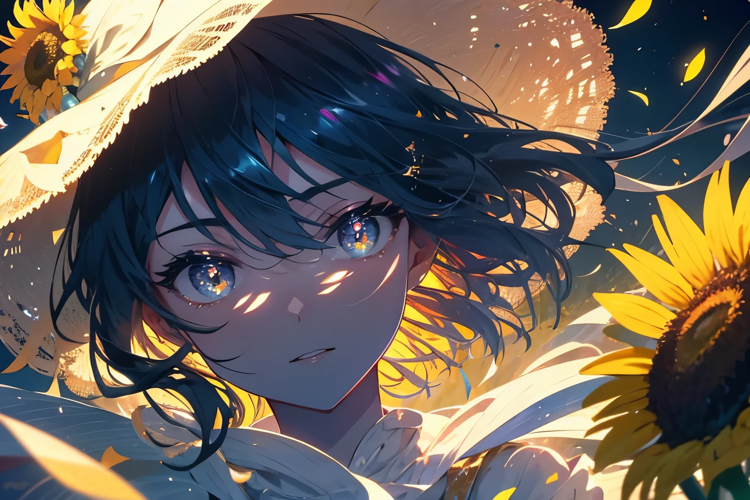 Create exquisite illustrations reminiscent of Makoto Shinkai's style, It has ultra-fine details and top-notch quality. Create a high-quality illustration featuring a fantastical scene of sunflower fields with petals dancing in the air, accompanied by a beautiful boy. The illustration should evoke a sense of nostalgia and enchantment, with intricate details and a dreamy atmosphere. From the vibrant sunflowers swaying in the breeze to the serene expression on the boy's face, every element should be meticulously crafted to immerse the viewer in a nostalgic and magical moment. best quality, masterpiece, expressive eyes, gorgeous, vivid, perfect face, smile, happyness, 2eyes, emotion, detailed pupils, vivid pupils,stunning, life, relfection, peace, warm, compsition, artistic, 4k, wallpaper, bonnet, wind, glowing eyes