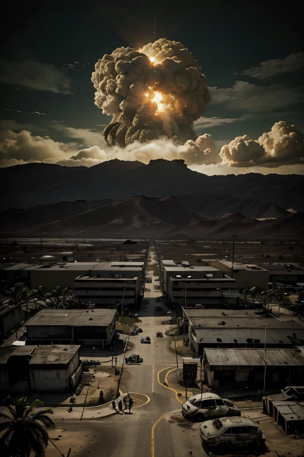 Uma cidade em ruinas, explodida por uma bomba nuclear, com varios zombies em volta, art preto e branco no estilo Fallout. Escrito: new vegas
