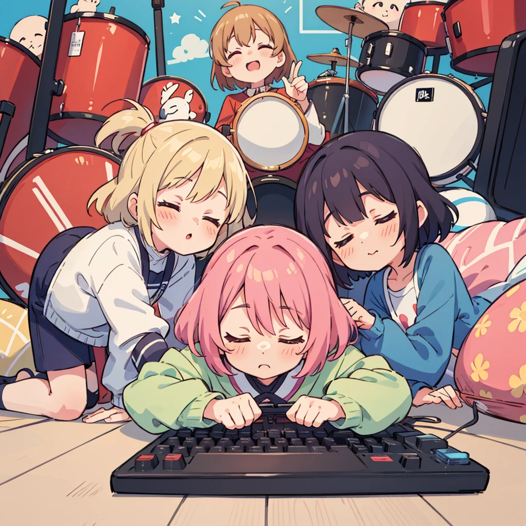 Cute girls lying down with their heads in the center in anime quality, 5Idol girls, band, guitar, drums, keyboard, Sleeping in a circle, Radial, Jacket illustration, arious pose, Kyoto Animation,